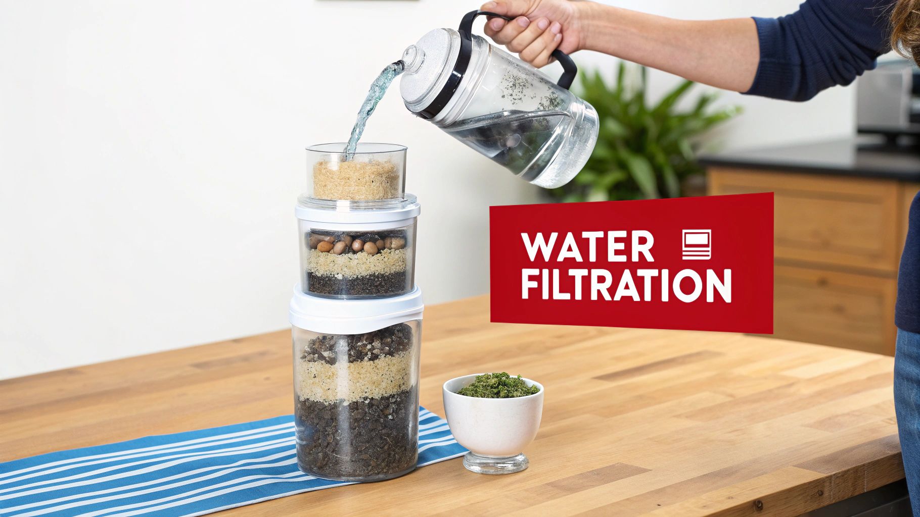 A person pours dirty water into a homemade filtration system made of stacked containers with various layers.