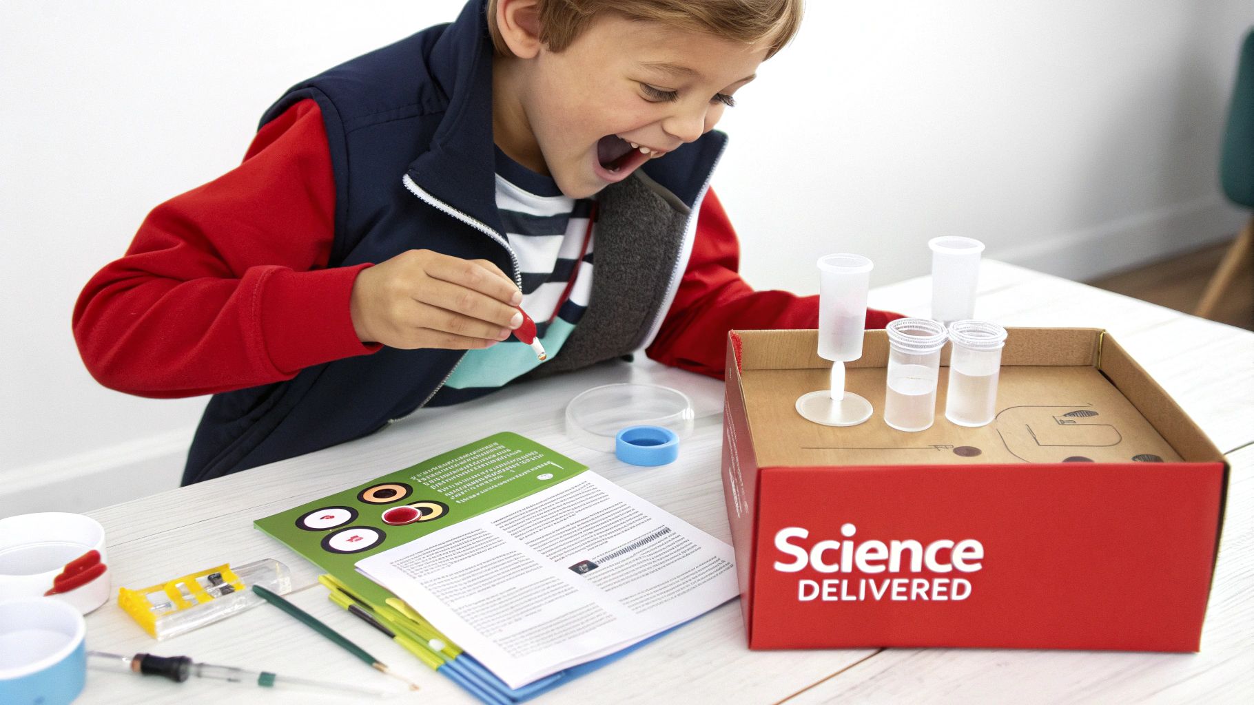 An excited boy conducting a science experiment with a dropper and science kit components.