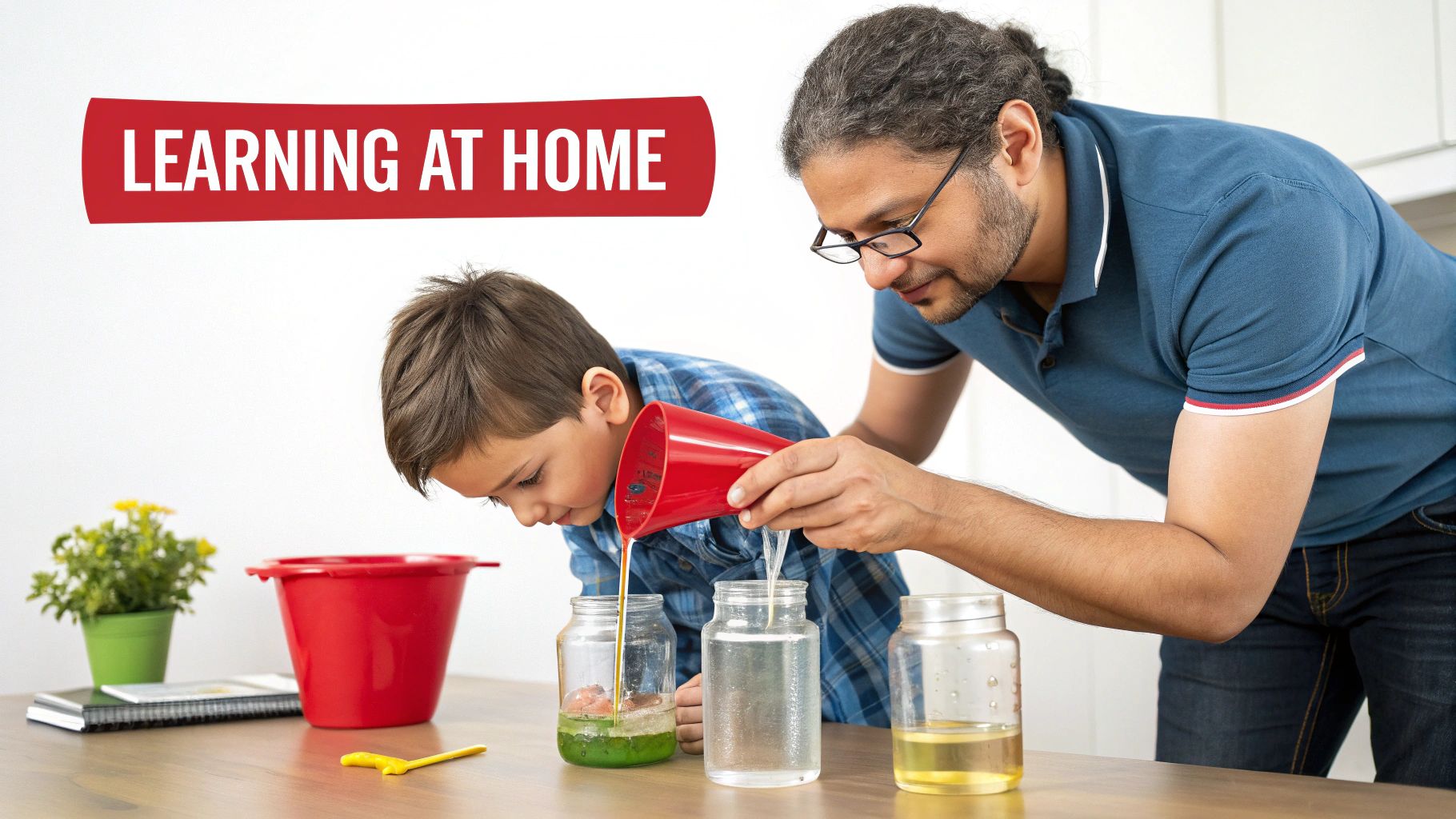 Father and son learning at home, pouring liquids during a hands-on science experiment.
