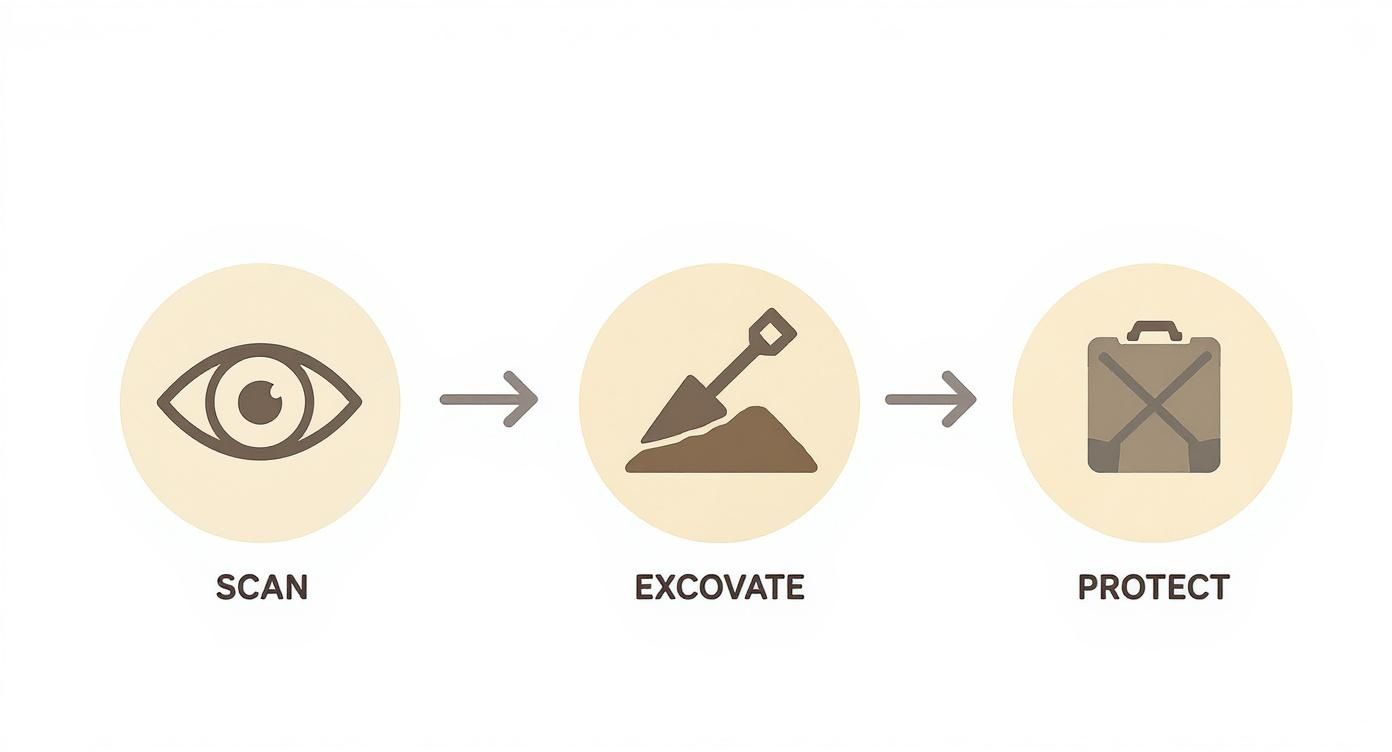 Three-step fossil hunting process showing scan, excavate, and protect stages with eye, shovel, and case icons