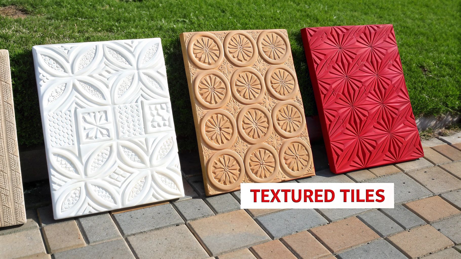 Three colorful textured tiles with intricate patterns, made from clay, displayed outdoors on a sunny day.
