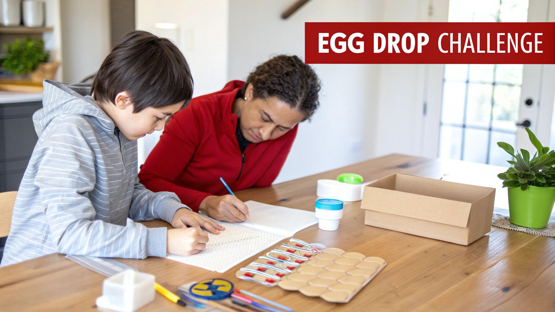 Adult and child planning an egg drop challenge with craft materials on a wooden table.