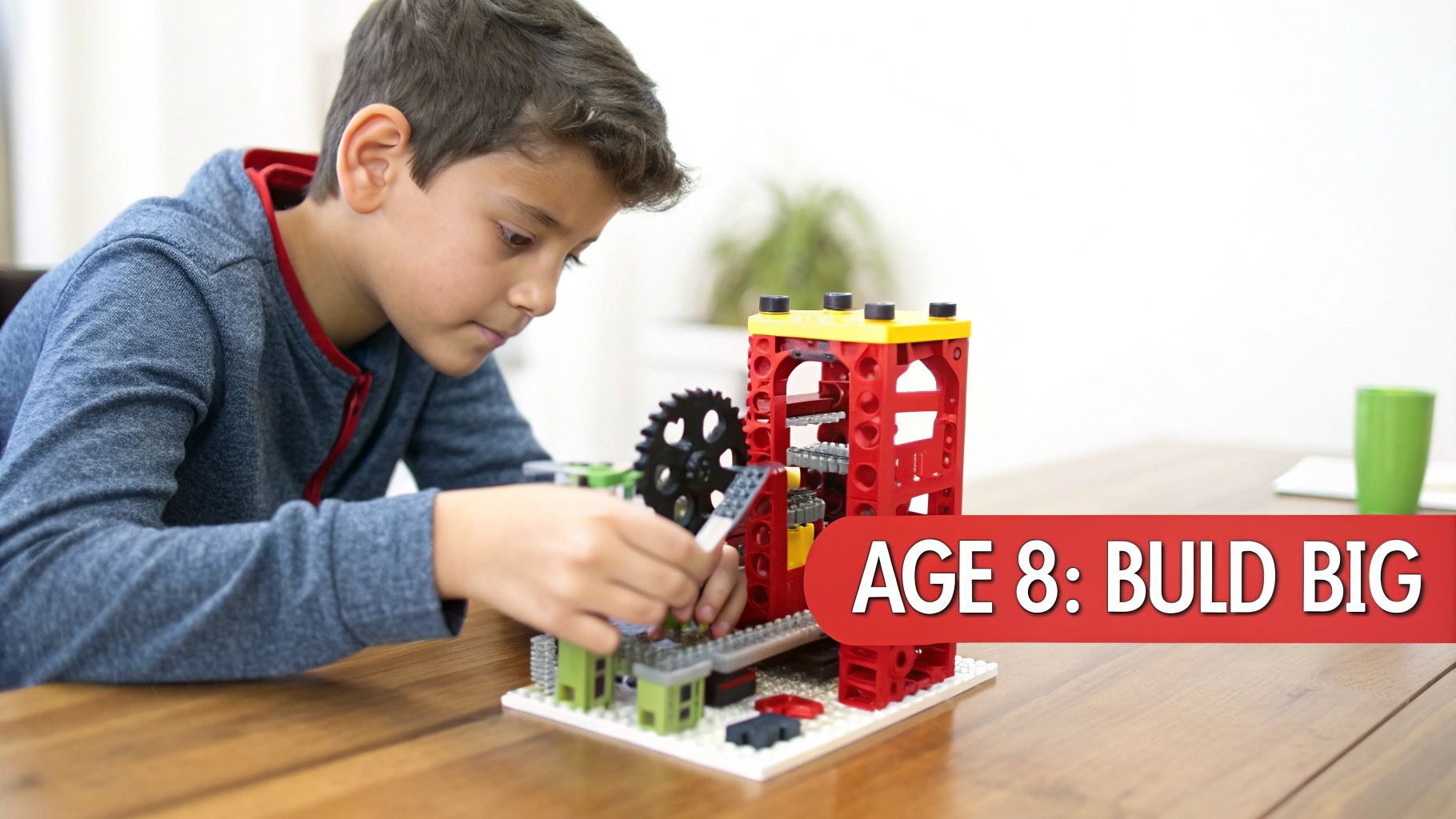 An 8-year-old boy focused on building a colorful, complex structure with building blocks at a wooden table.
