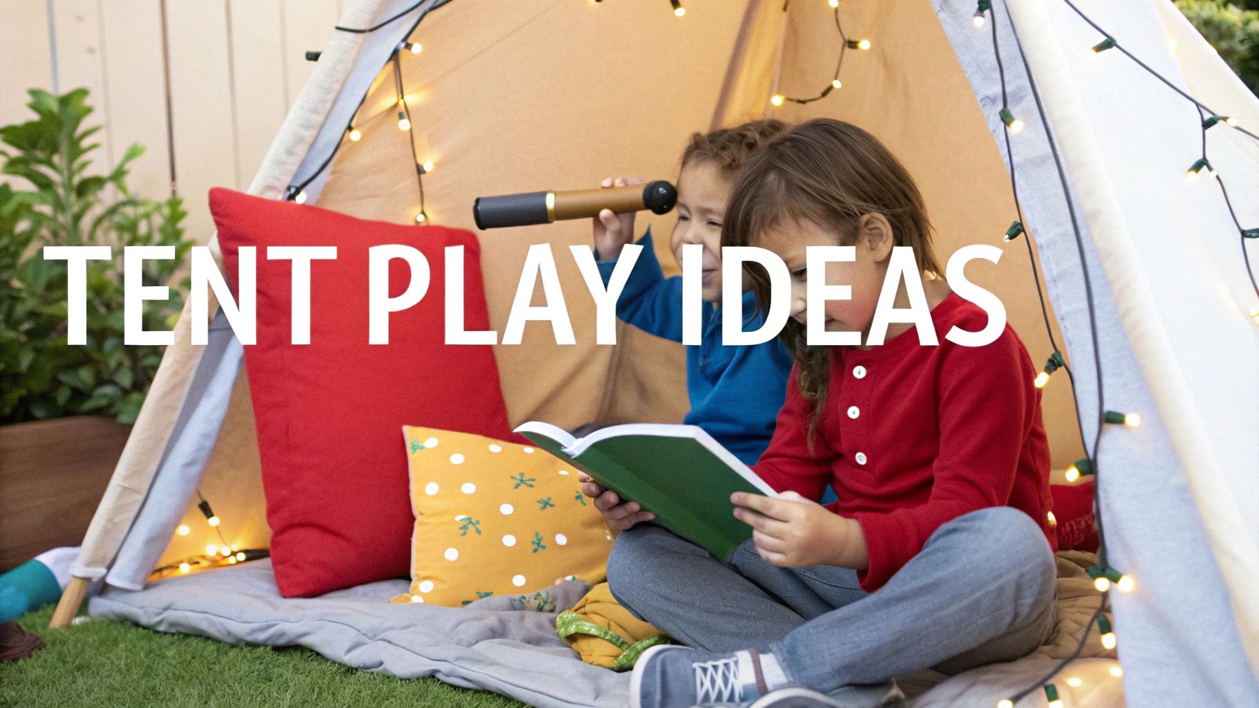 A child reading a book inside a cozy, well-lit indoor play tent.