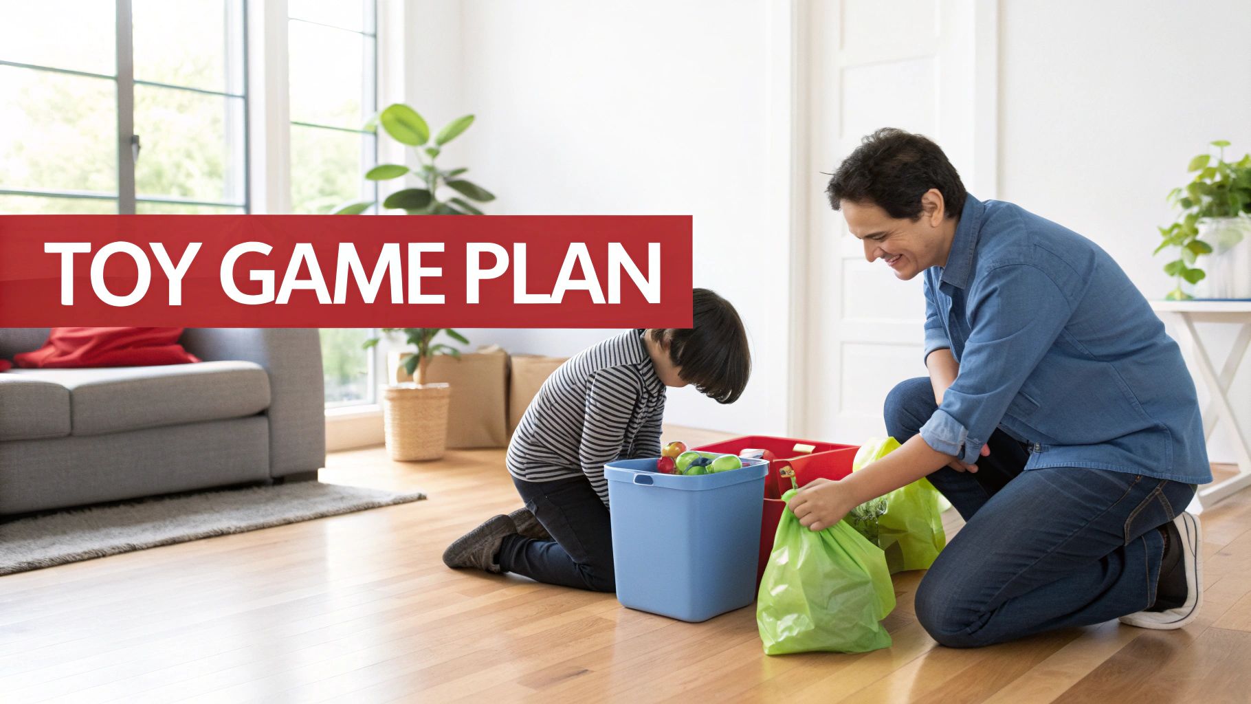 An adult and a child happily organize colorful toys into bins and bags on a wooden floor.