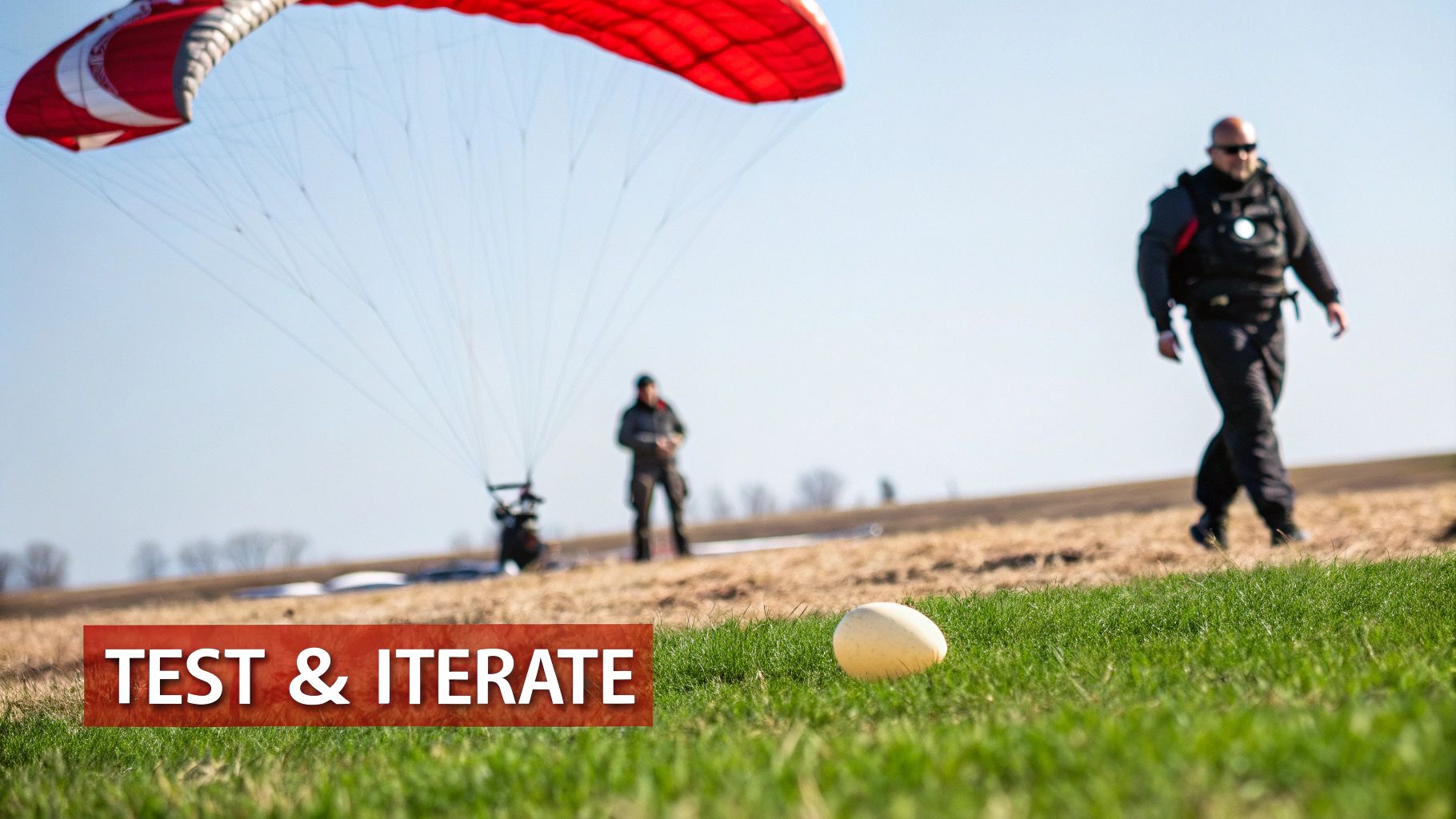Egg on grass with men and a red parachute, illustrating an egg drop project test.