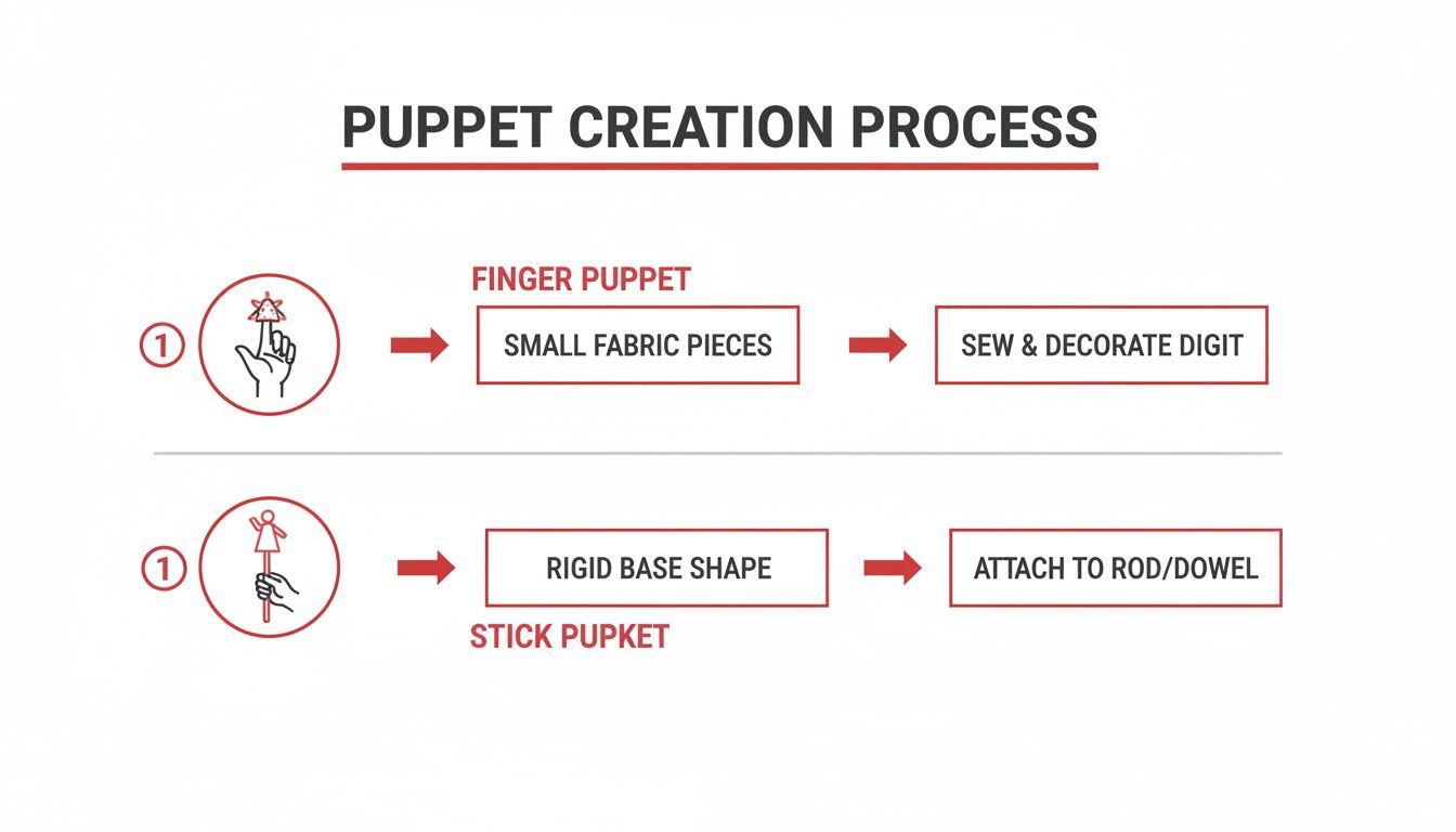 Flowchart illustrating the creation process for finger puppets and stick puppets, outlining steps and materials.