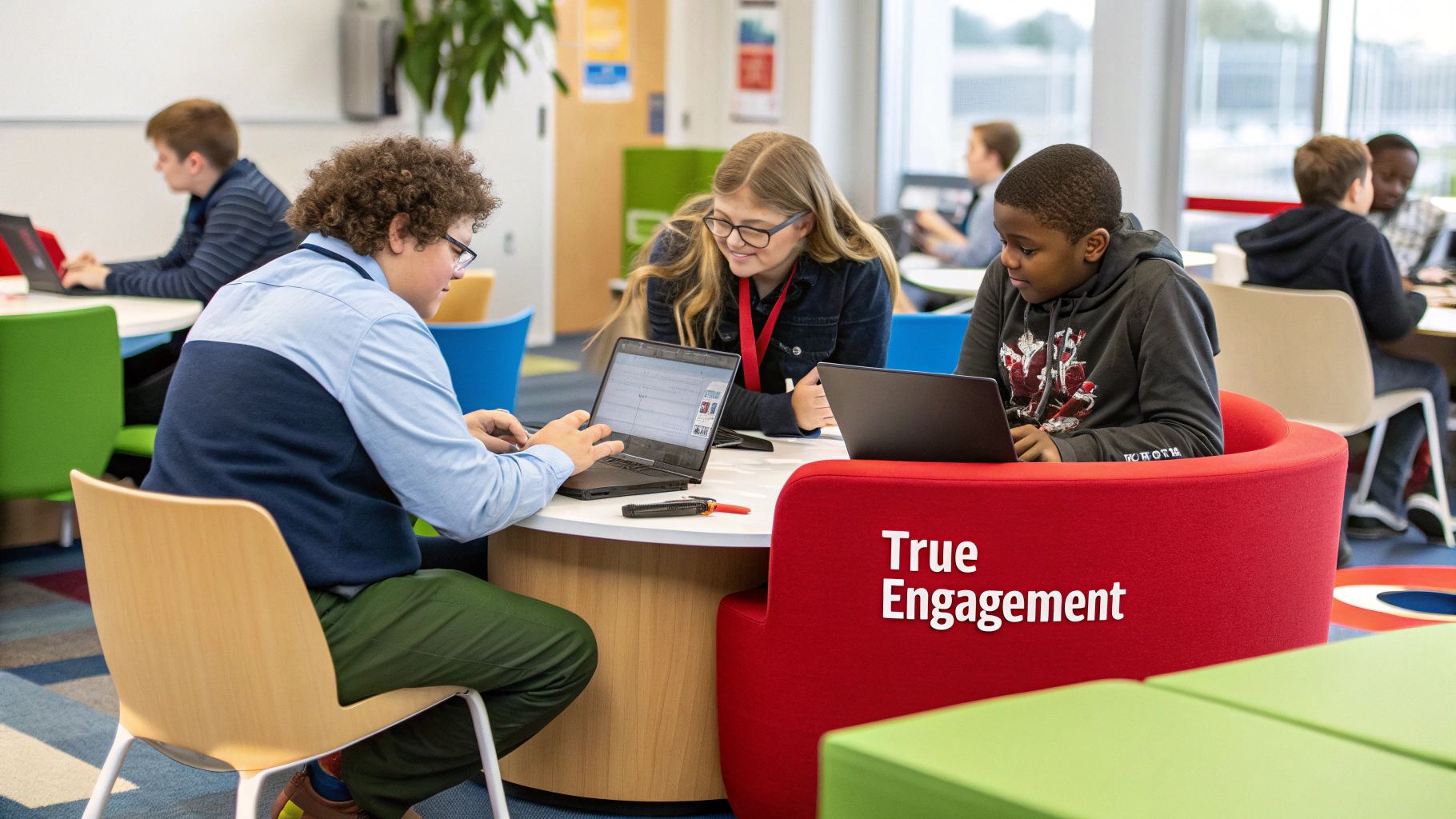 Students collaborating enthusiastically over a science project, demonstrating deep engagement.