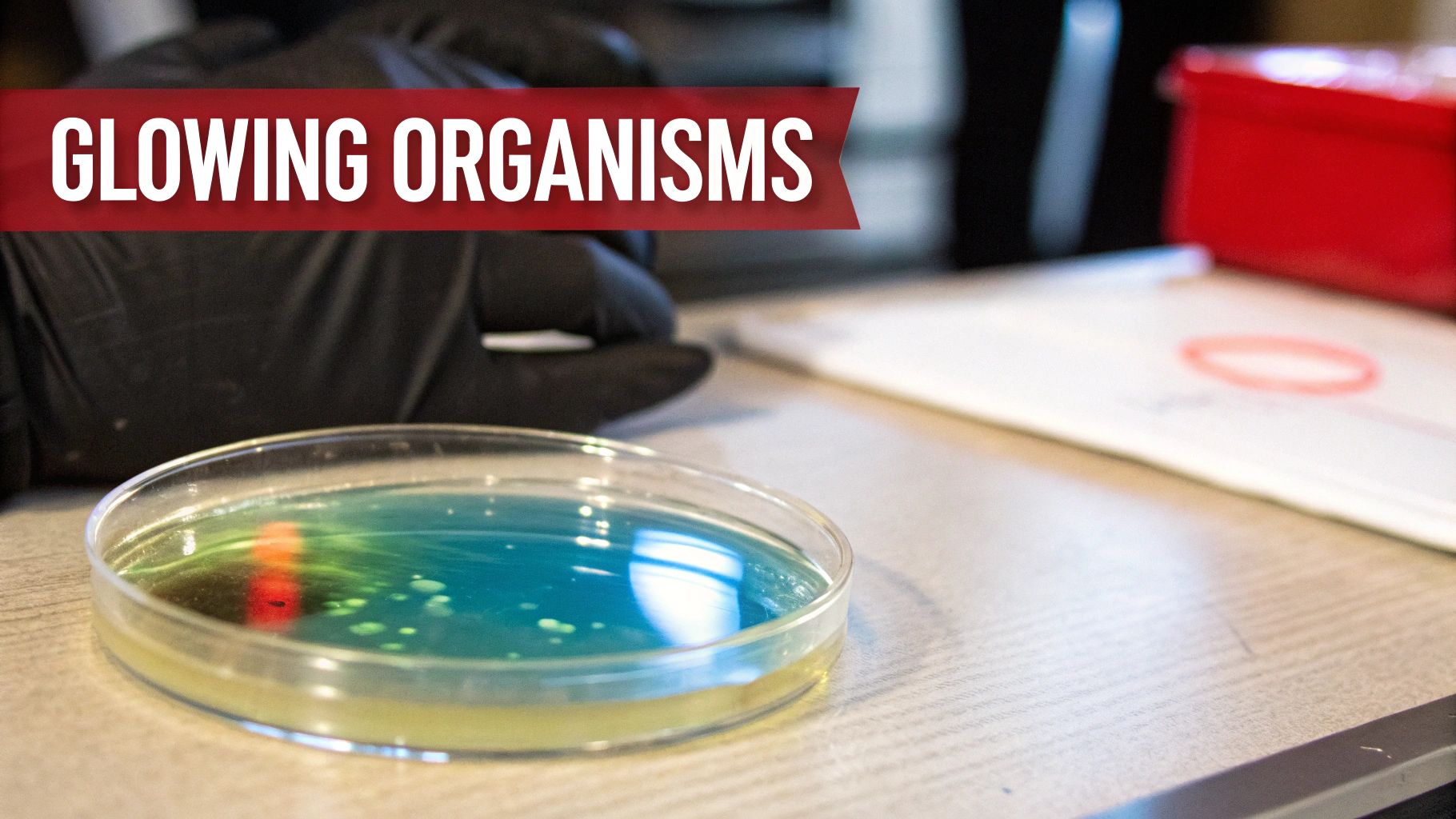 Close-up of a petri dish displaying glowing blue and green organisms in a laboratory setting.
