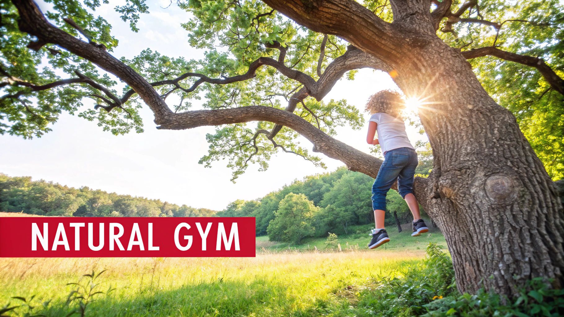 Children playing on a climbing structure in a green park