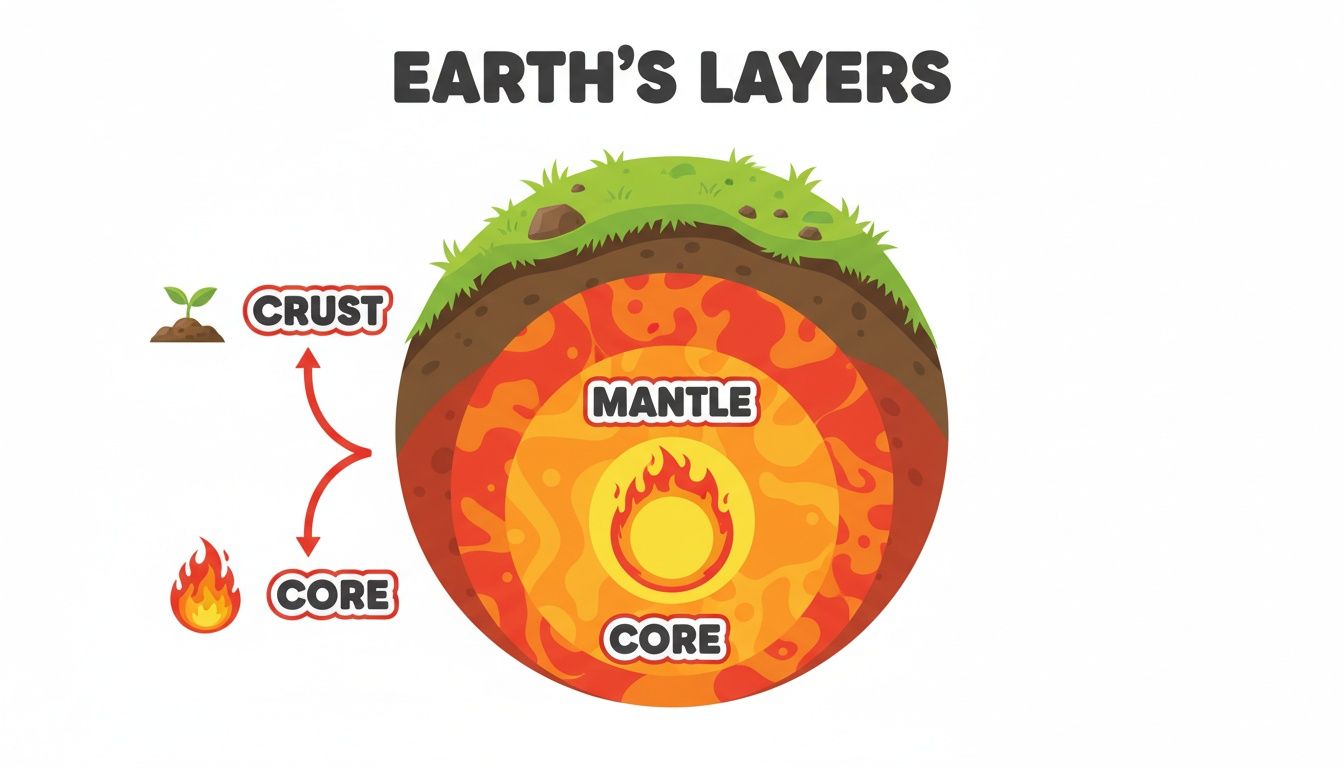 A colorful cartoon diagram illustrates Earth's internal layers: crust, mantle, and core, with descriptive labels and icons.