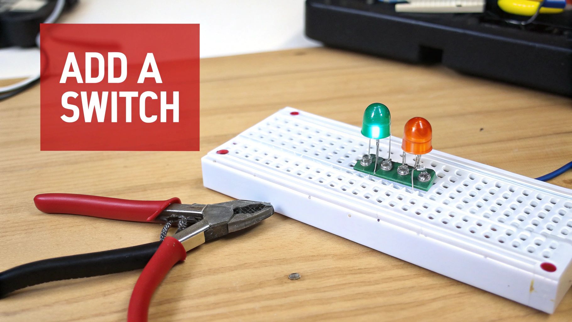 A breadboard showing a simple circuit with an LED and a push-button switch.