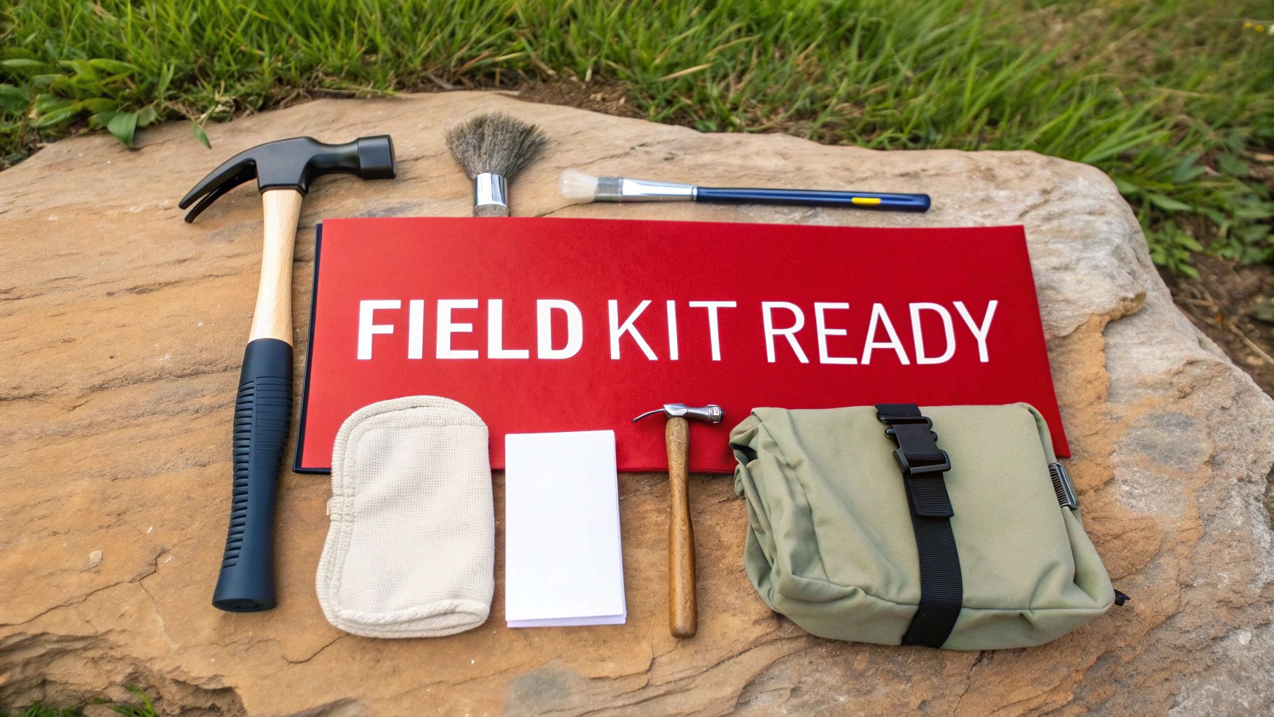 Field kit with hammer, brush, notebook, and tools laid out on rock for fossil hunting preparation
