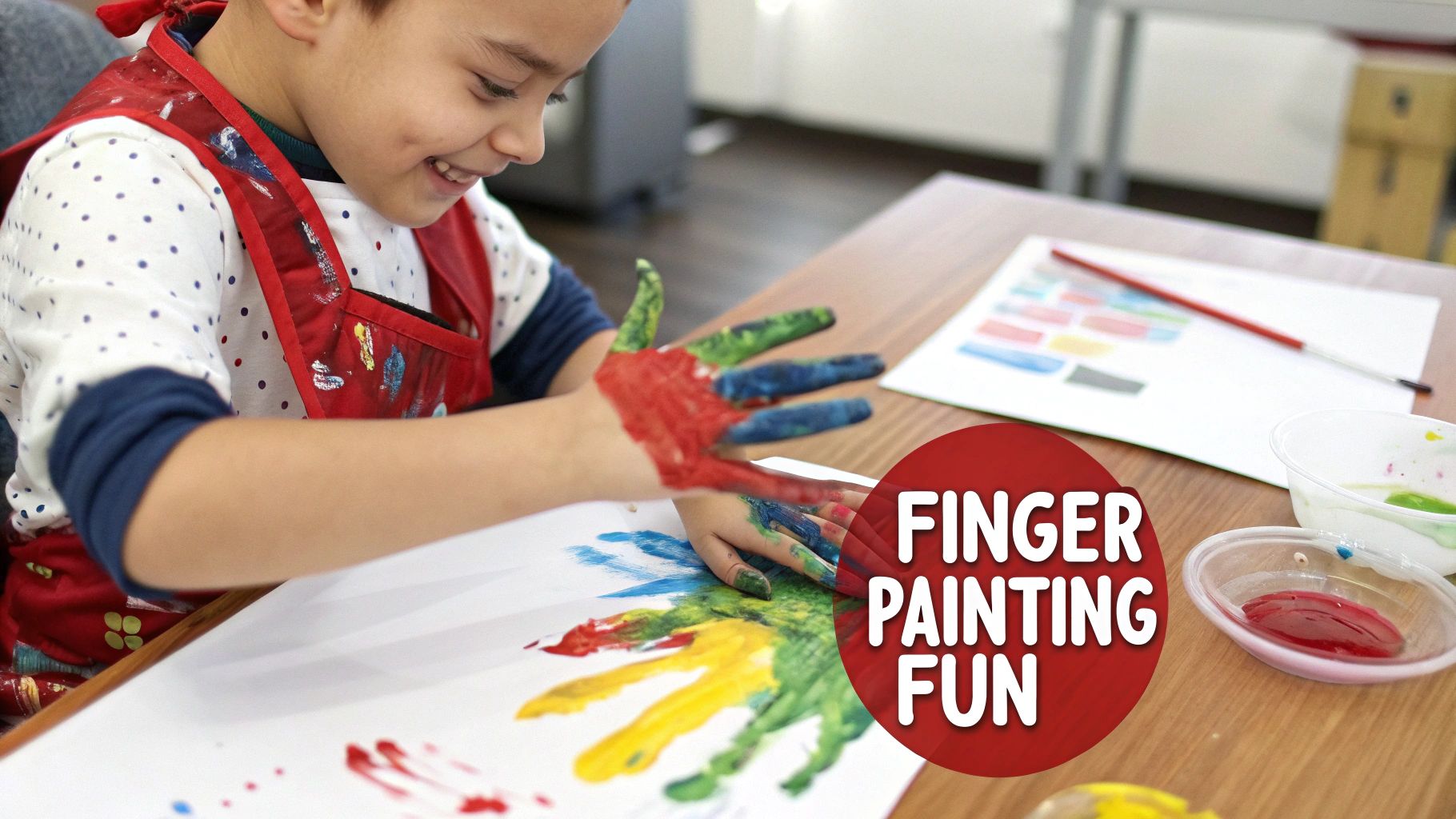 A smiling child with hands covered in colorful paint creates handprints on paper, enjoying finger painting fun.