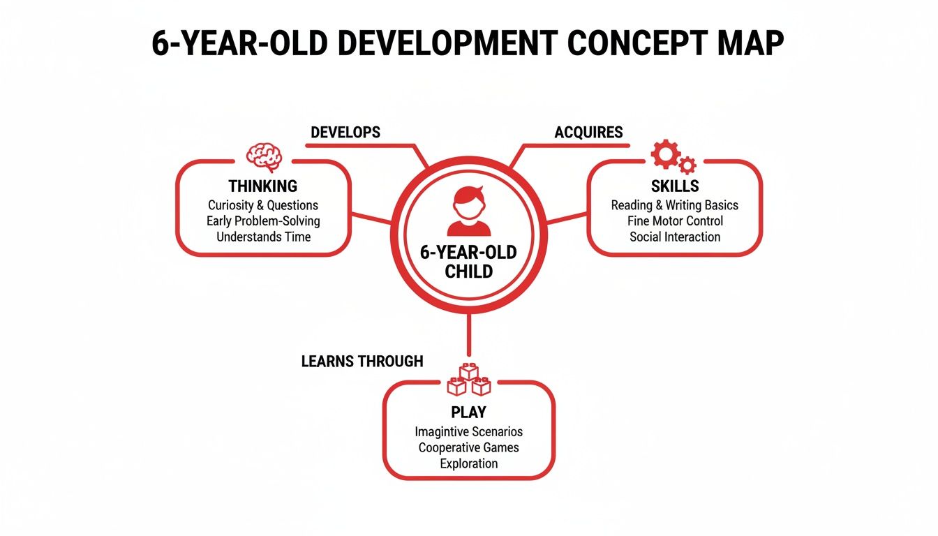 Concept map detailing the development of a 6-year-old child in thinking, skills, and learning through play.