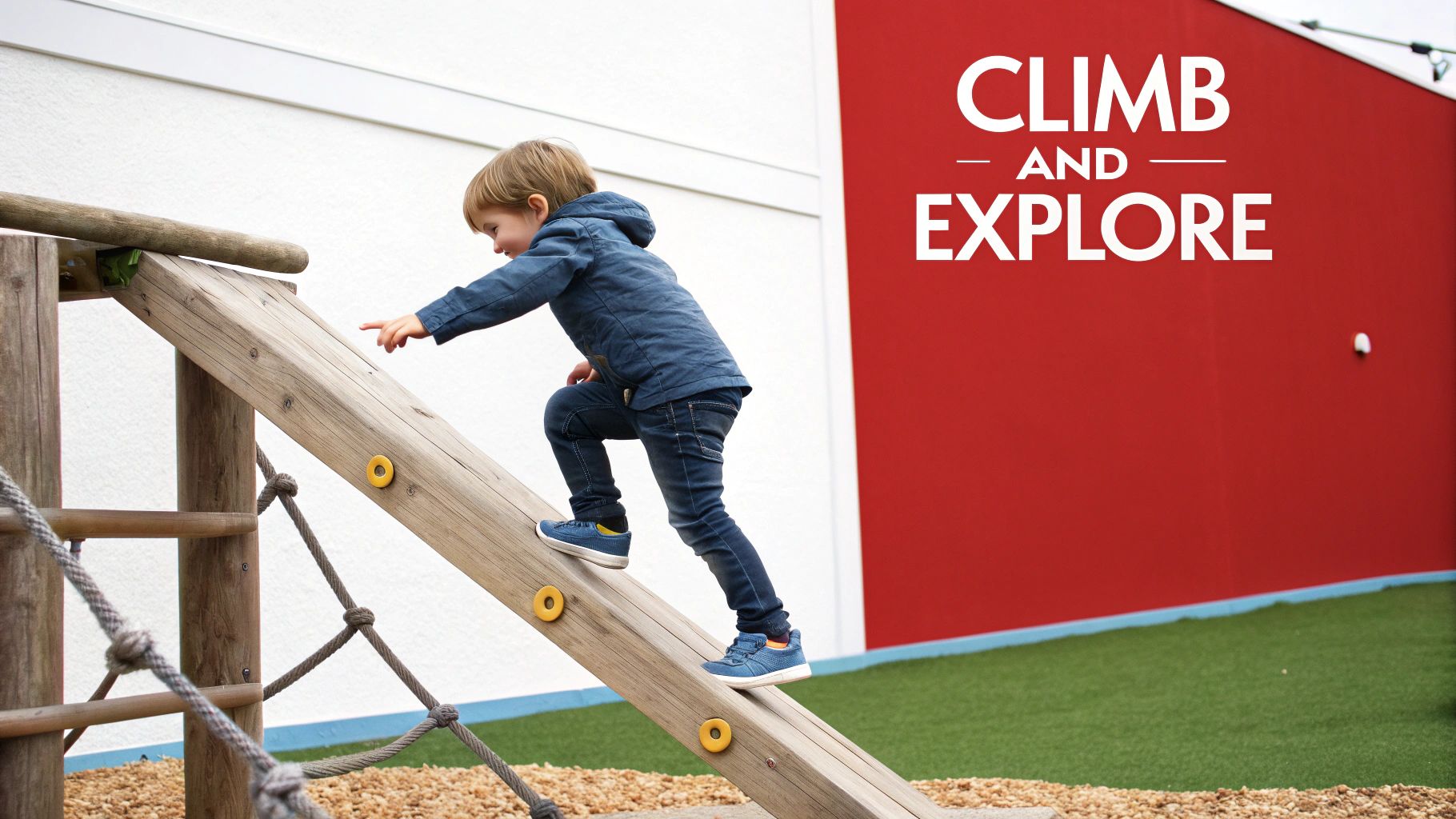 A happy young child climbs a wooden ramp with yellow holds on a playground.