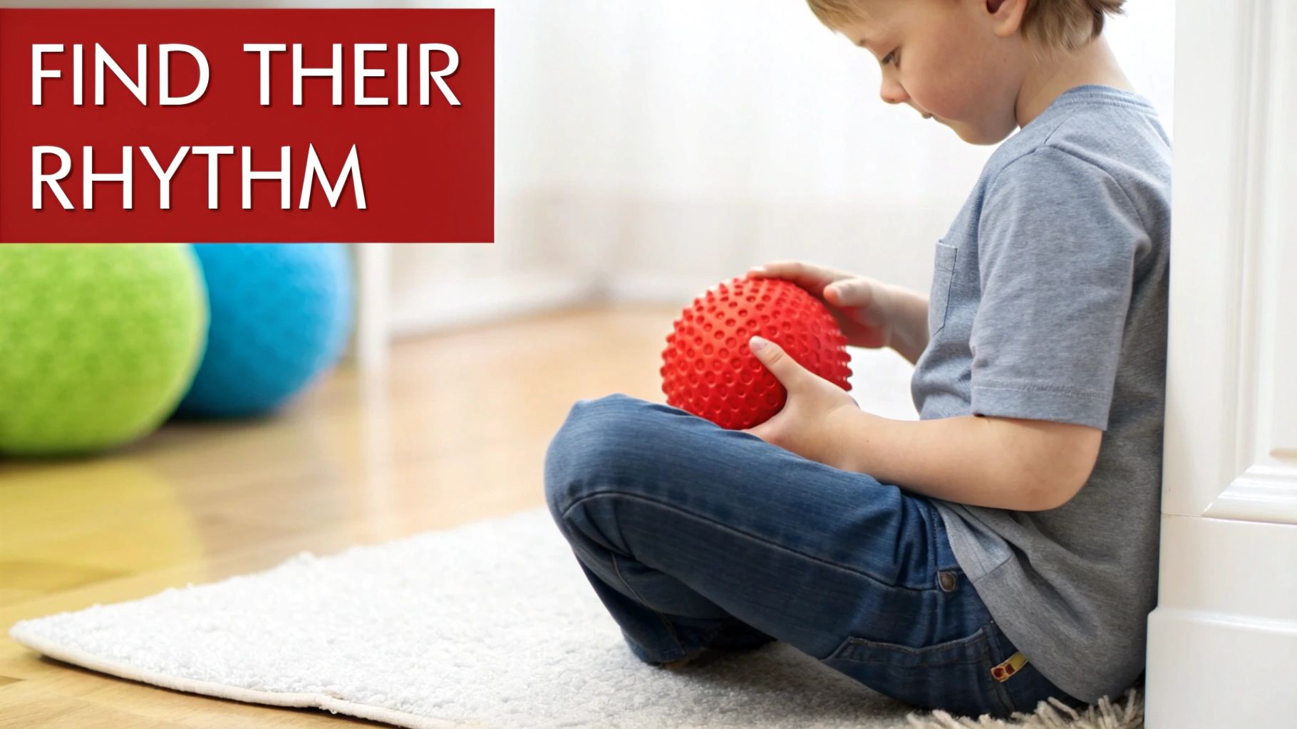 A young boy sits on a rug, holding a red spiky sensory ball in his hands.