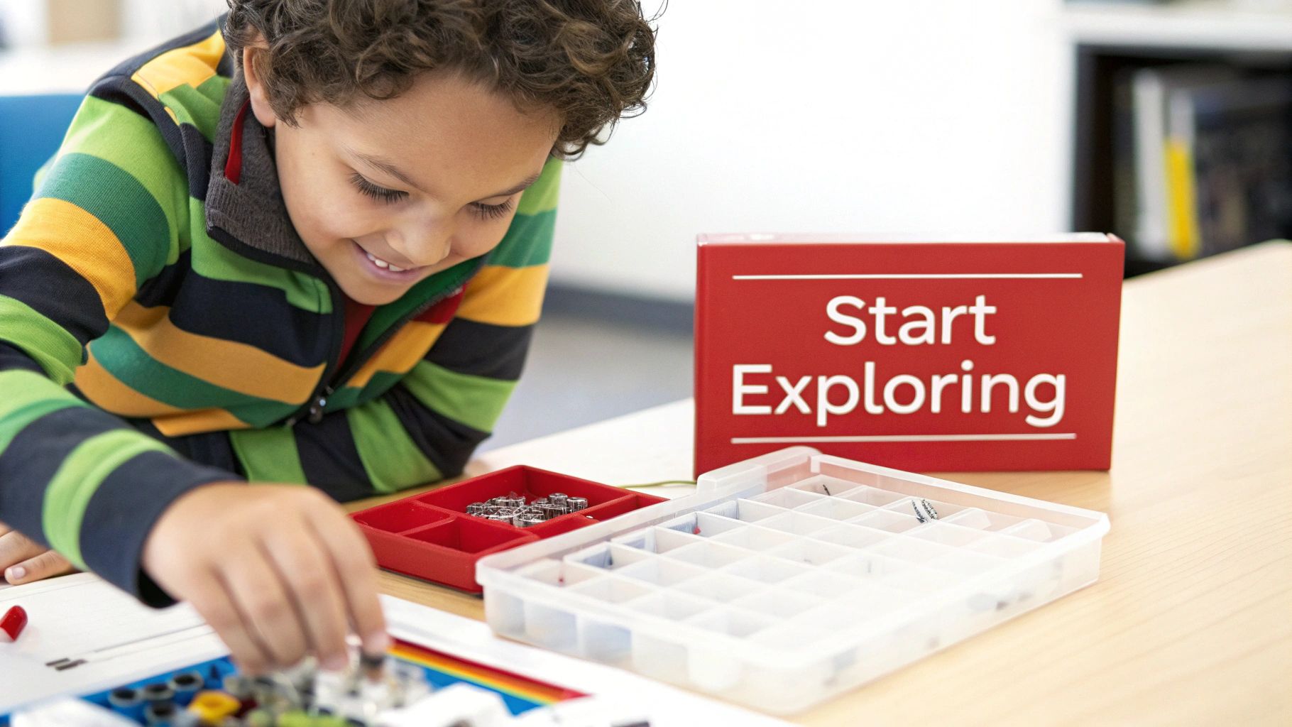 A young girl enthusiastically working on a a science experiment with colorful liquids in beakers.