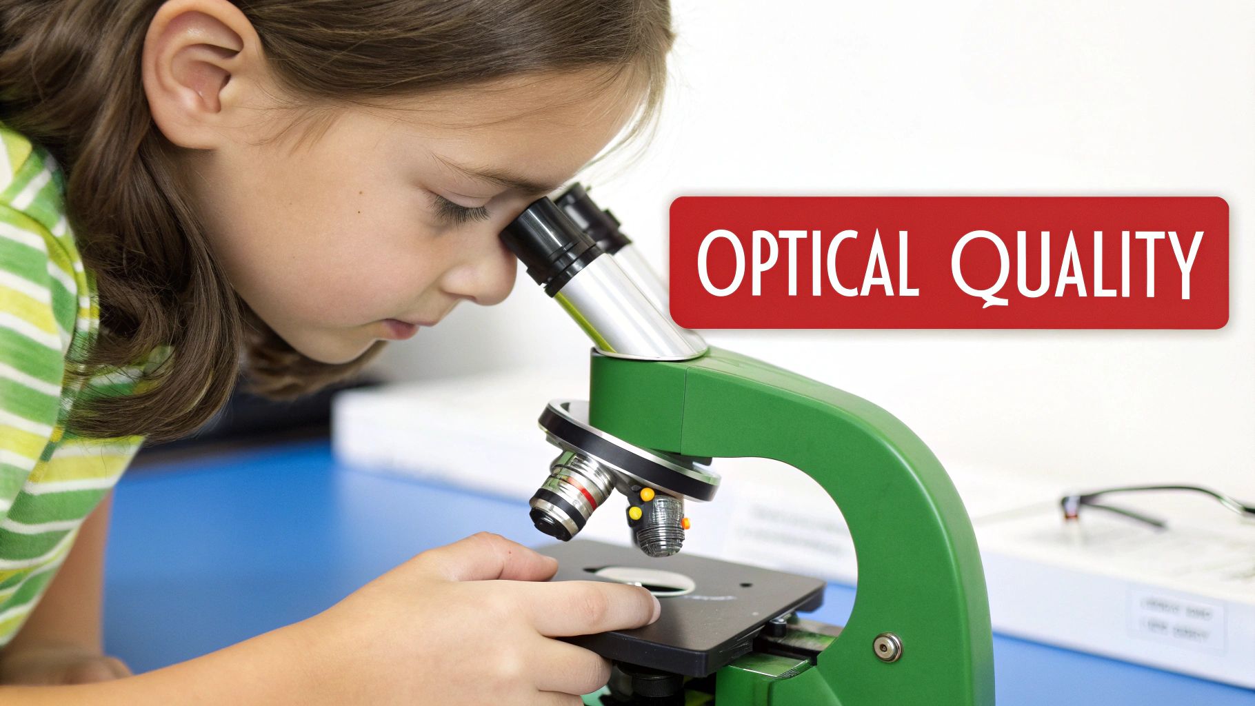 A young girl intently looks through a green microscope, with a red 'OPTICAL QUALITY' banner.
