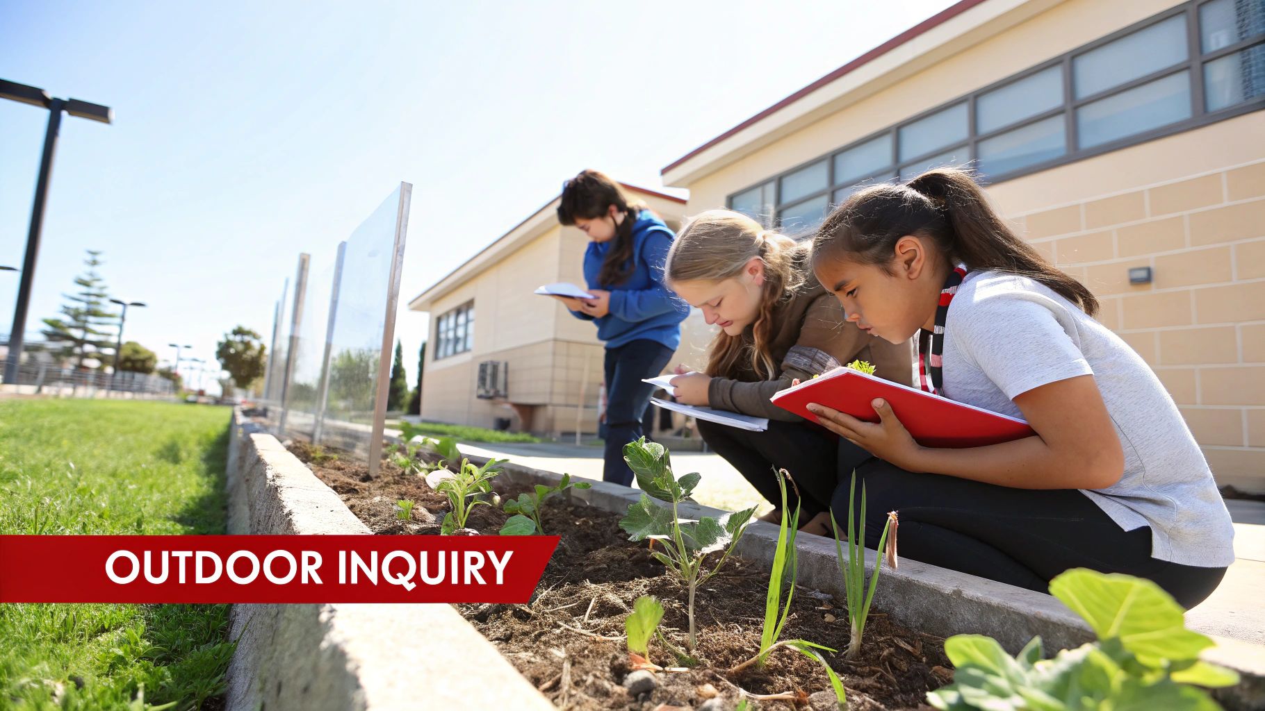 Three students observe plants and write notes in notebooks in an outdoor school garden.