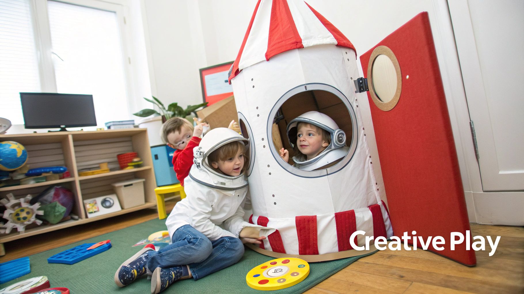 Three young children play with a homemade rocket ship and astronaut helmets in a brightly lit room.