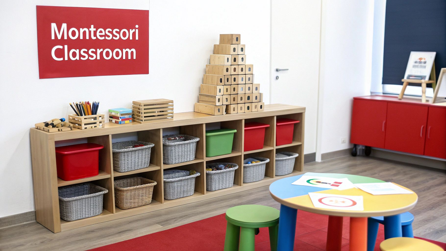 A bright Montessori classroom with wooden shelves, learning materials, and a colorful table with chairs.