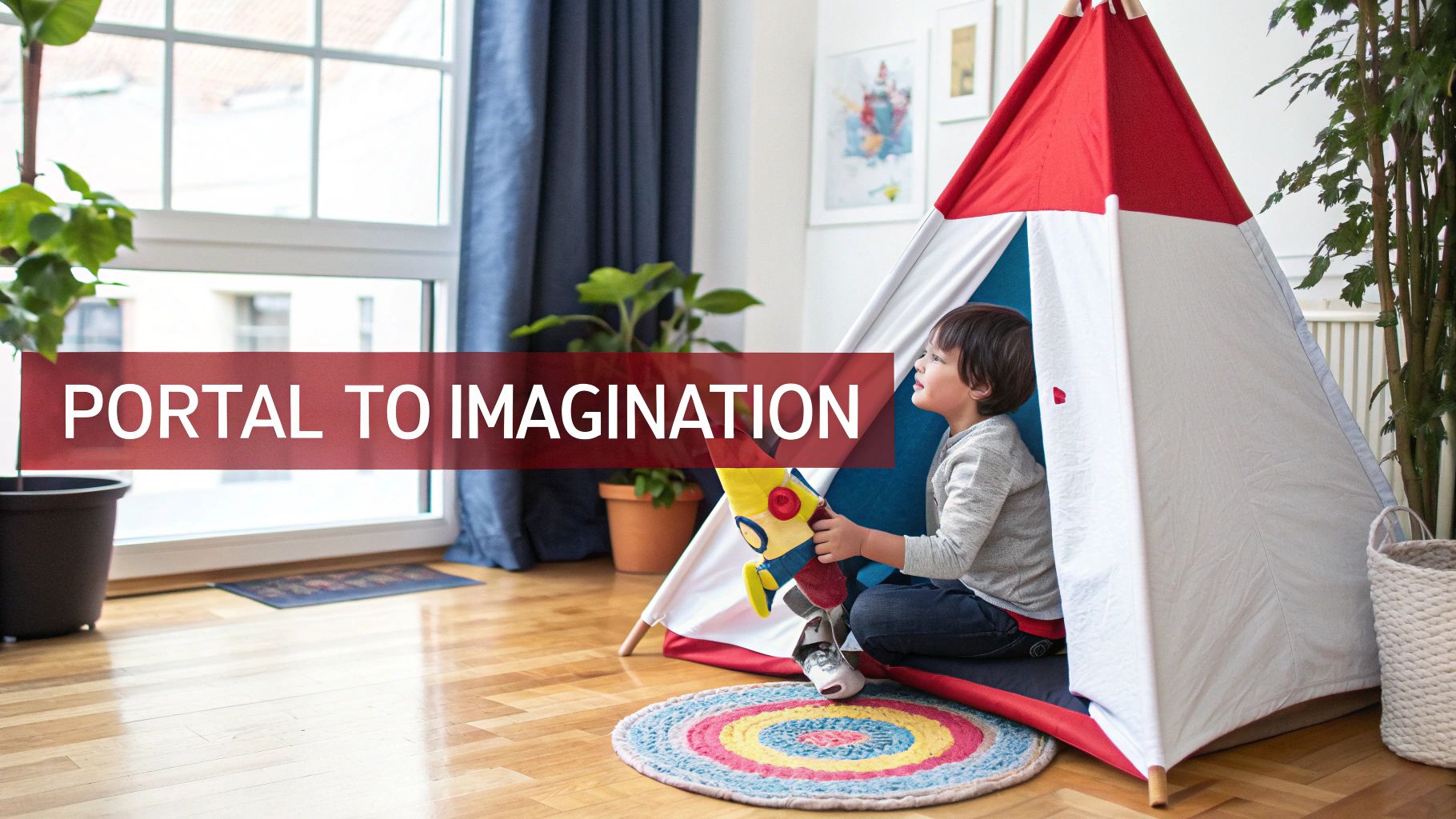 A young boy sits inside a colorful teepee play tent, holding a toy rocket, expressing imagination.