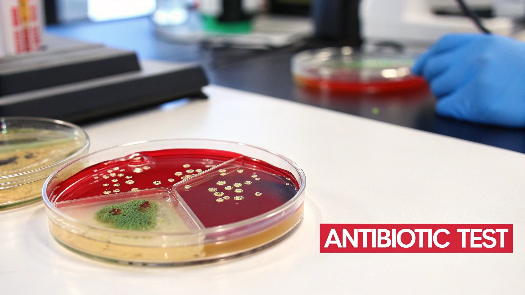 A petri dish on a lab bench shows bacterial cultures and mold growth, used for antibiotic testing.