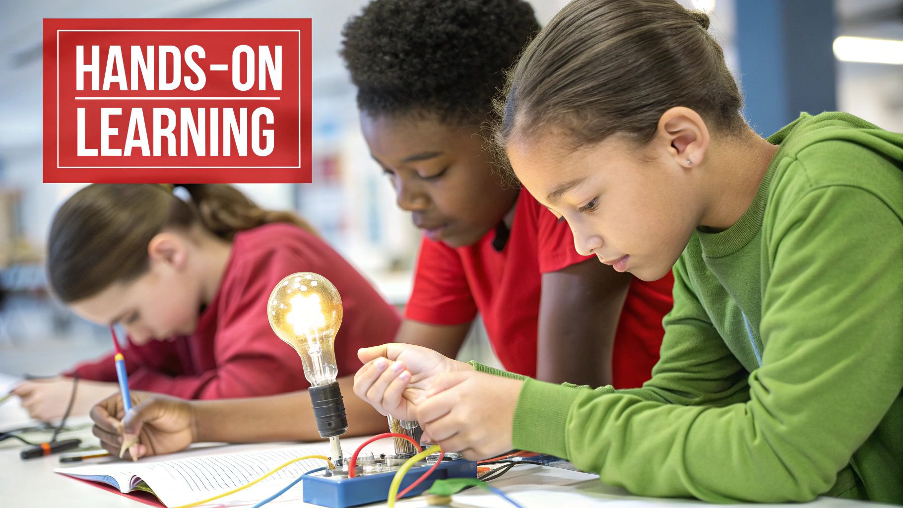 A young student lights up with excitement while successfully completing a hands-on science experiment involving wires and a lightbulb.