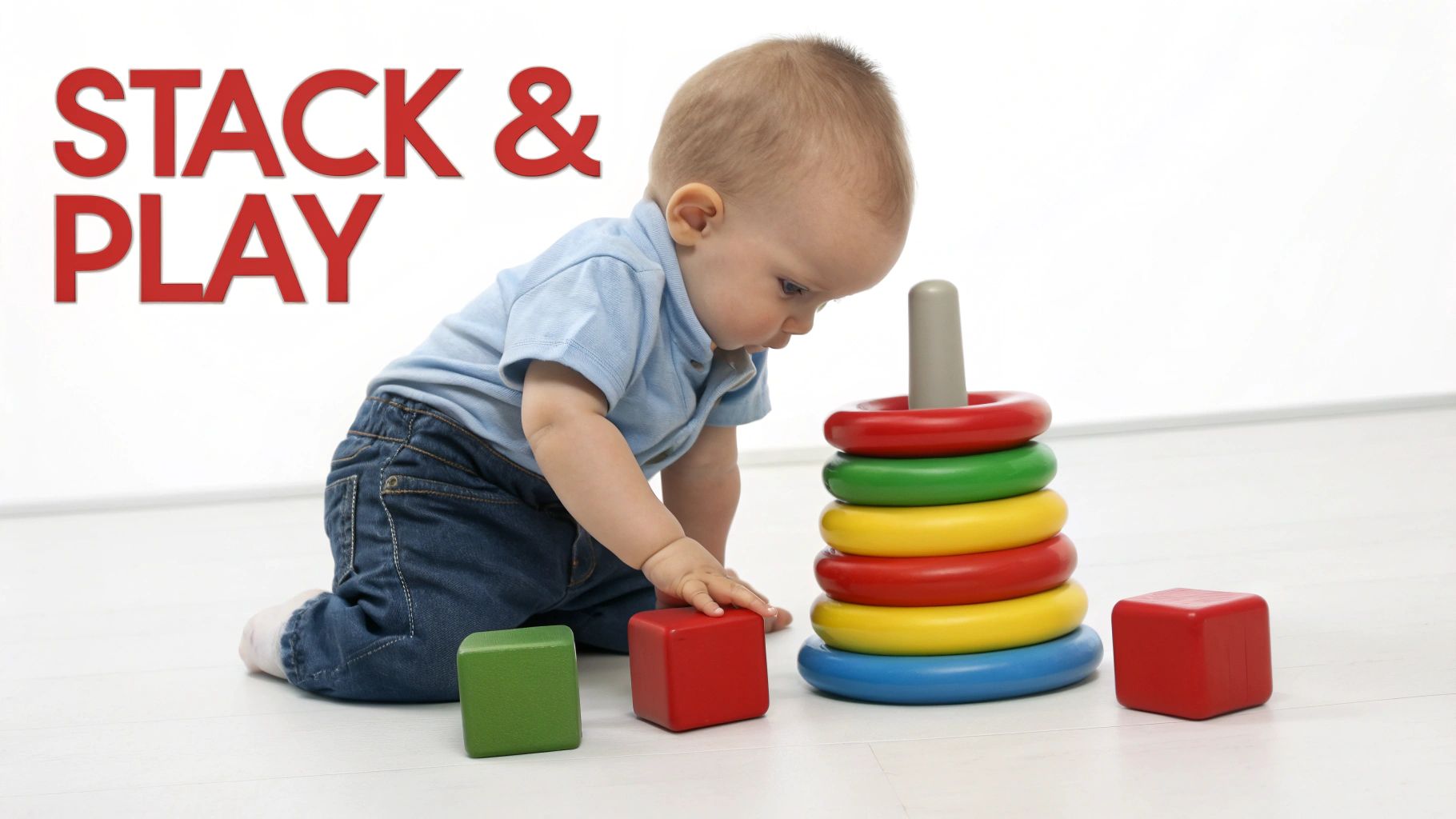 Adorable baby playing with colorful stacking rings and blocks on a white floor, engaging in stack and play.