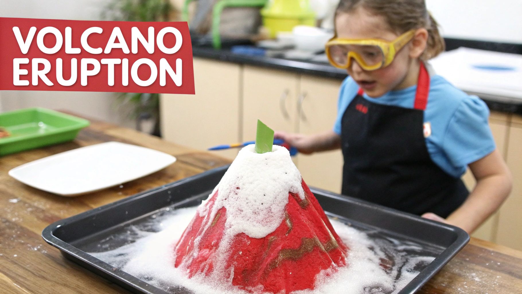 A young girl performs a volcano eruption science experiment, with white foam overflowing a red model.