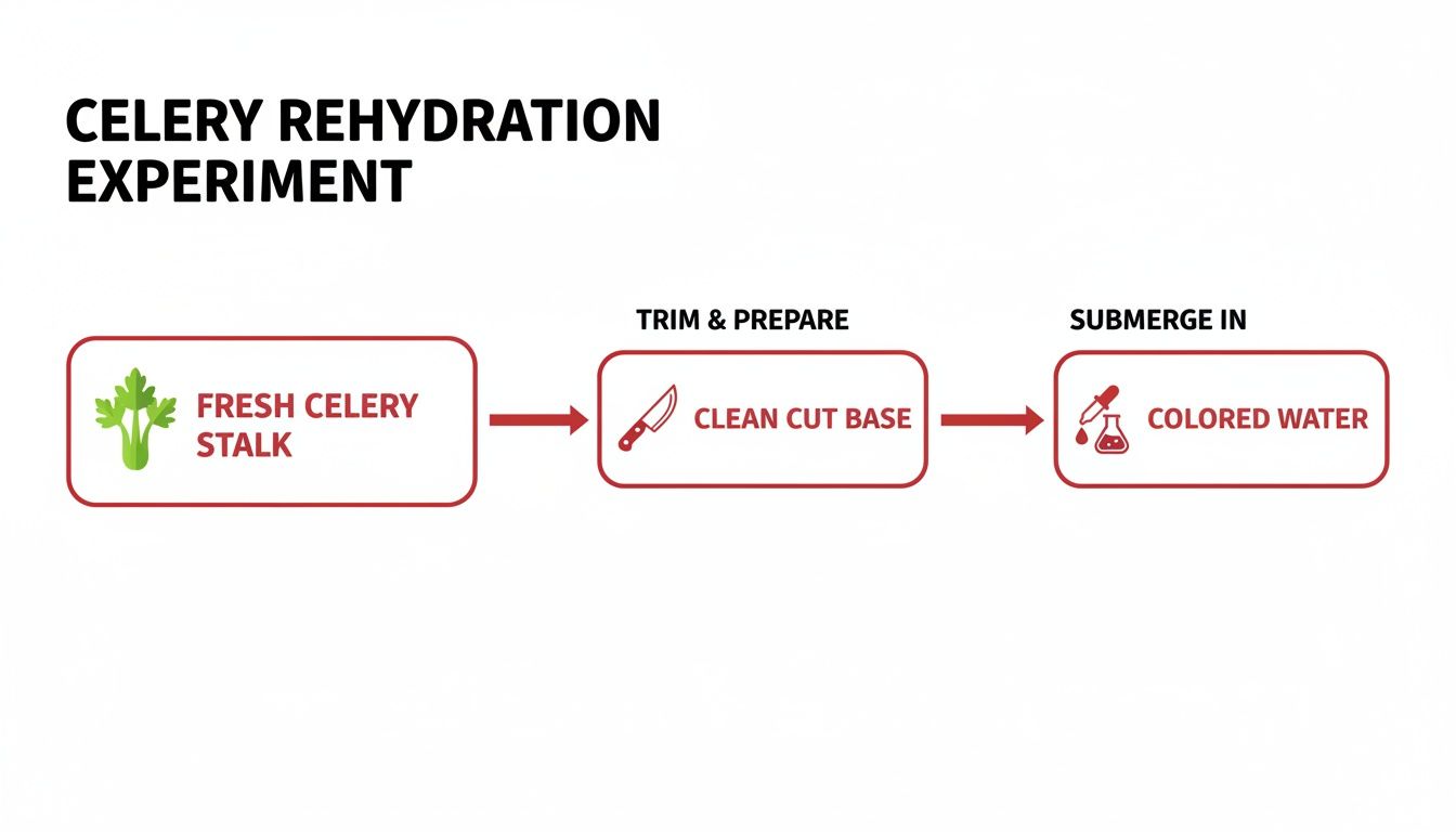 A diagram illustrating a celery rehydration experiment, showing steps to prepare a celery stalk and submerge it in colored water.