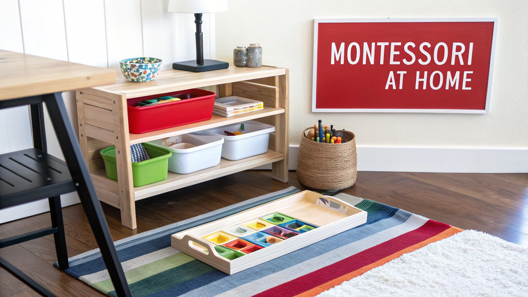 Montessori at home learning space with organized shelves, colorful materials, and a vibrant rug.