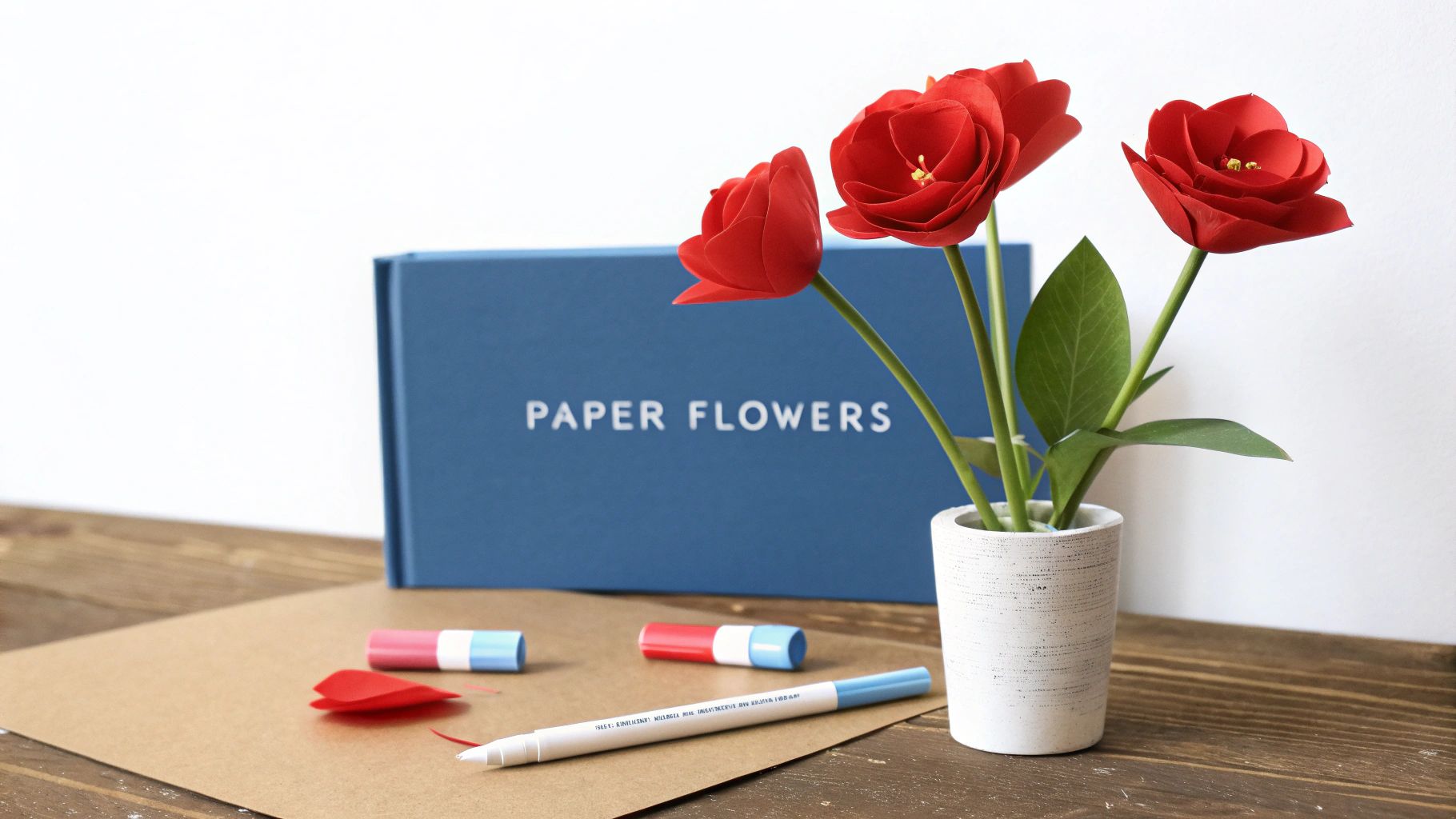 A blue book titled 'PAPER FLOWERS' stands next to red paper flowers in a pot, with craft supplies.