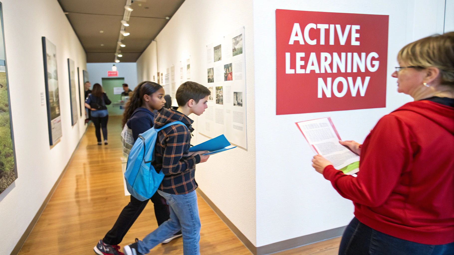 Children and adults engage with exhibits in a modern learning hallway with an "ACTIVE LEARNING NOW" sign.
