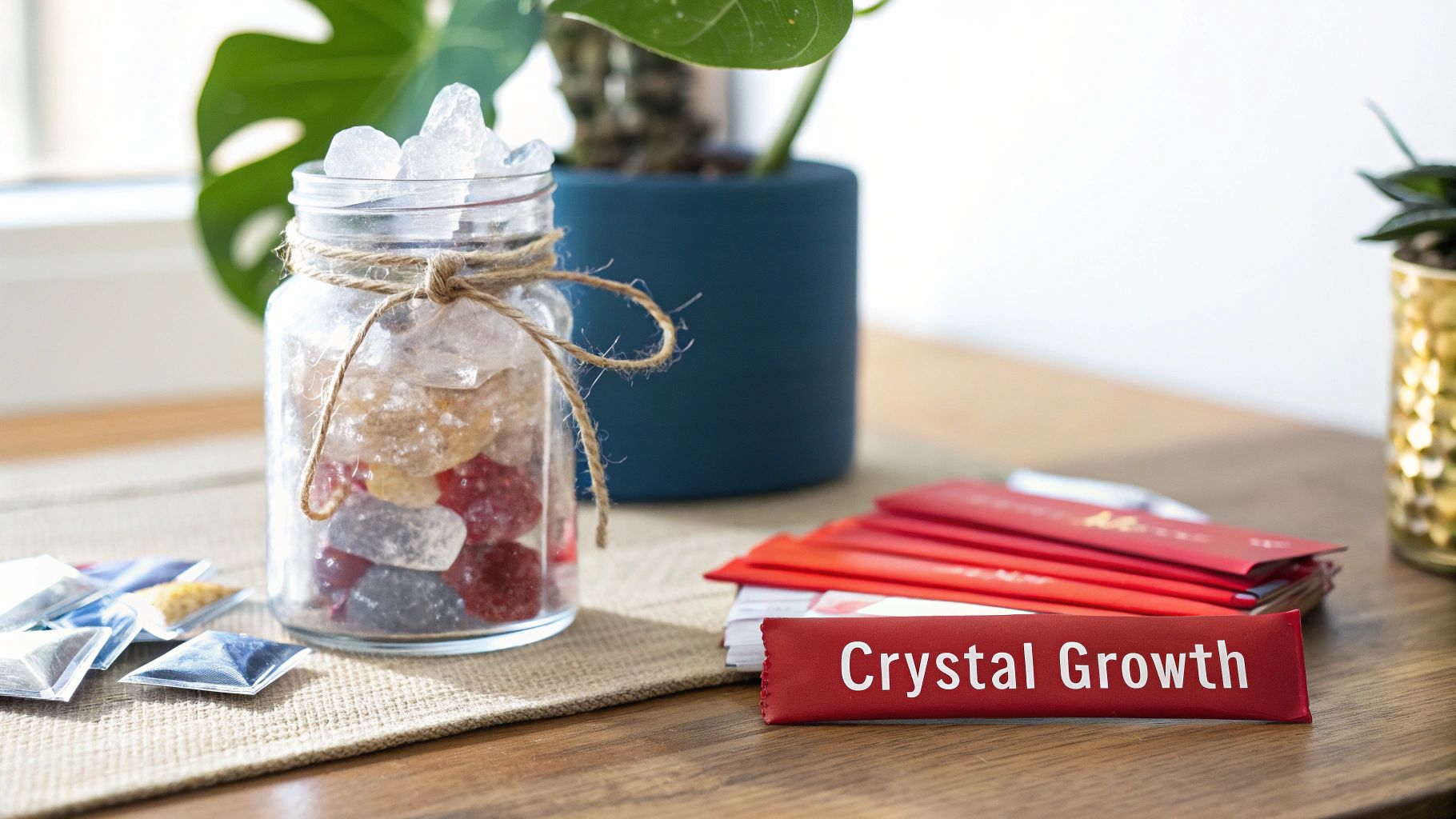 A glass jar filled with colorful sugar crystals, a red 'Crystal Growth' pouch, and packets.