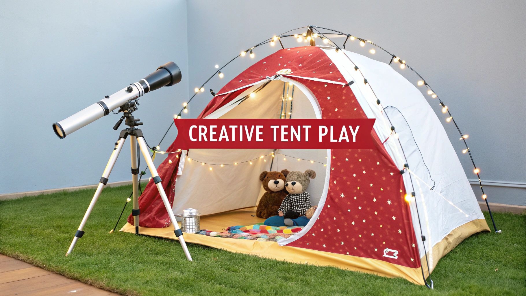 Children's indoor play tent decorated with star lights, telescope, stuffed animals and colorful floor mat