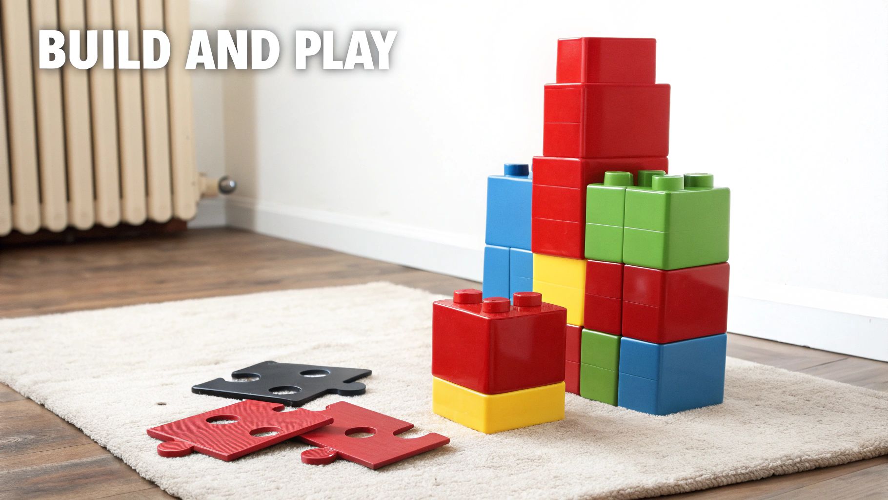 A tall stack of colorful building blocks and puzzle pieces on a rug for kids' play.