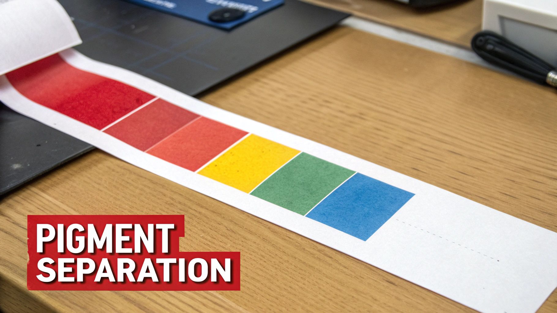 A colorful strip of paper demonstrating pigment separation, likely from a science project.
