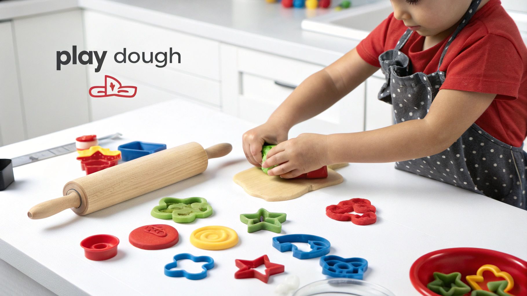 A young child uses a rolling pin and cookie cutters to shape playdough on a white table.