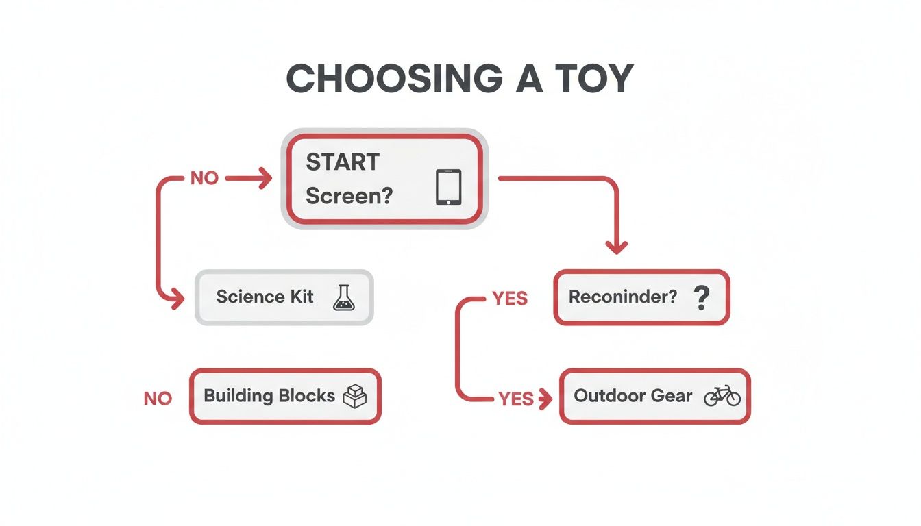 Decision flowchart for selecting a toy, with options like Science Kit, Building Blocks, and Outdoor Gear.