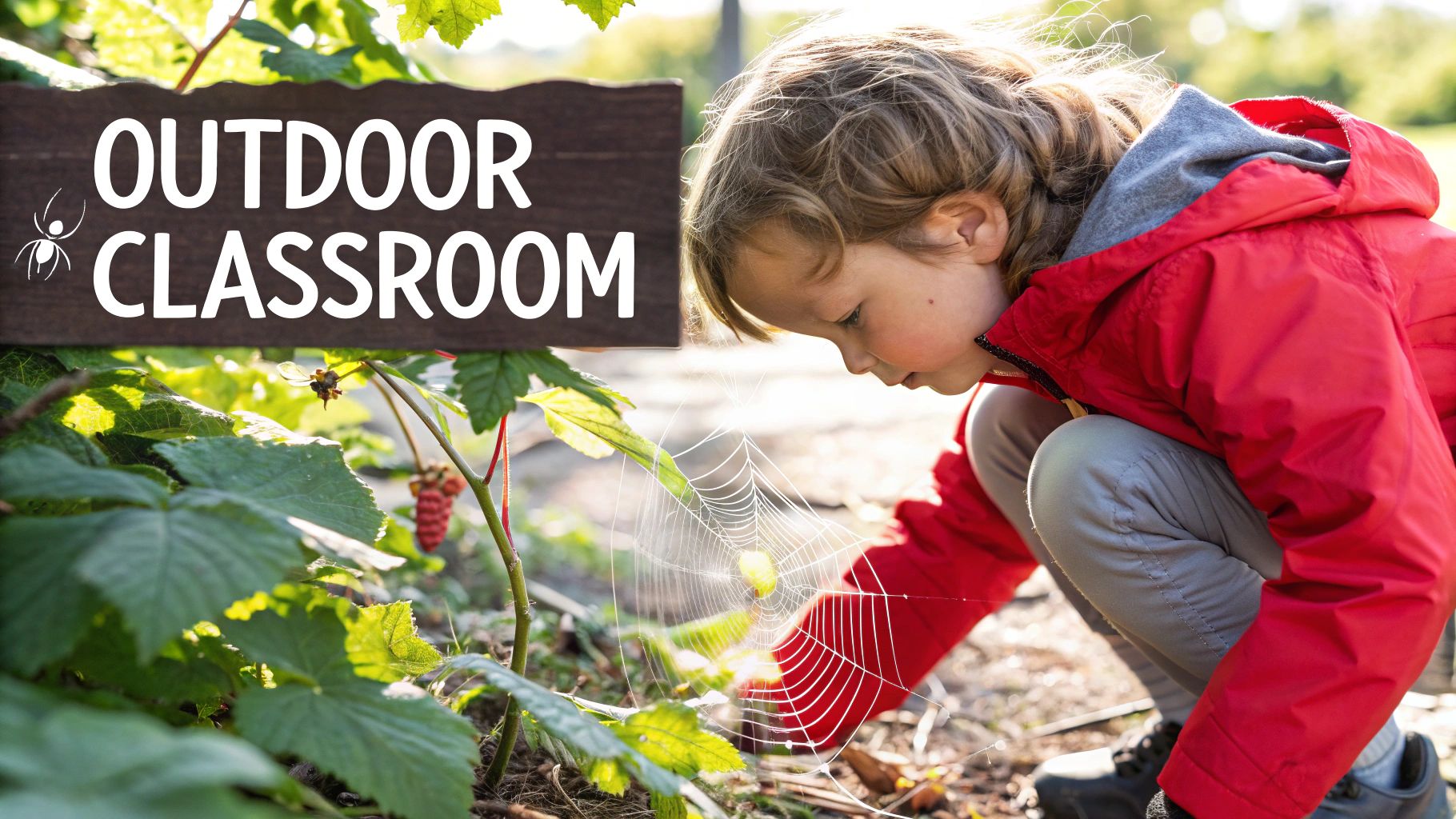 A child looking at a plant with a magnifying glass in a sunny garden.