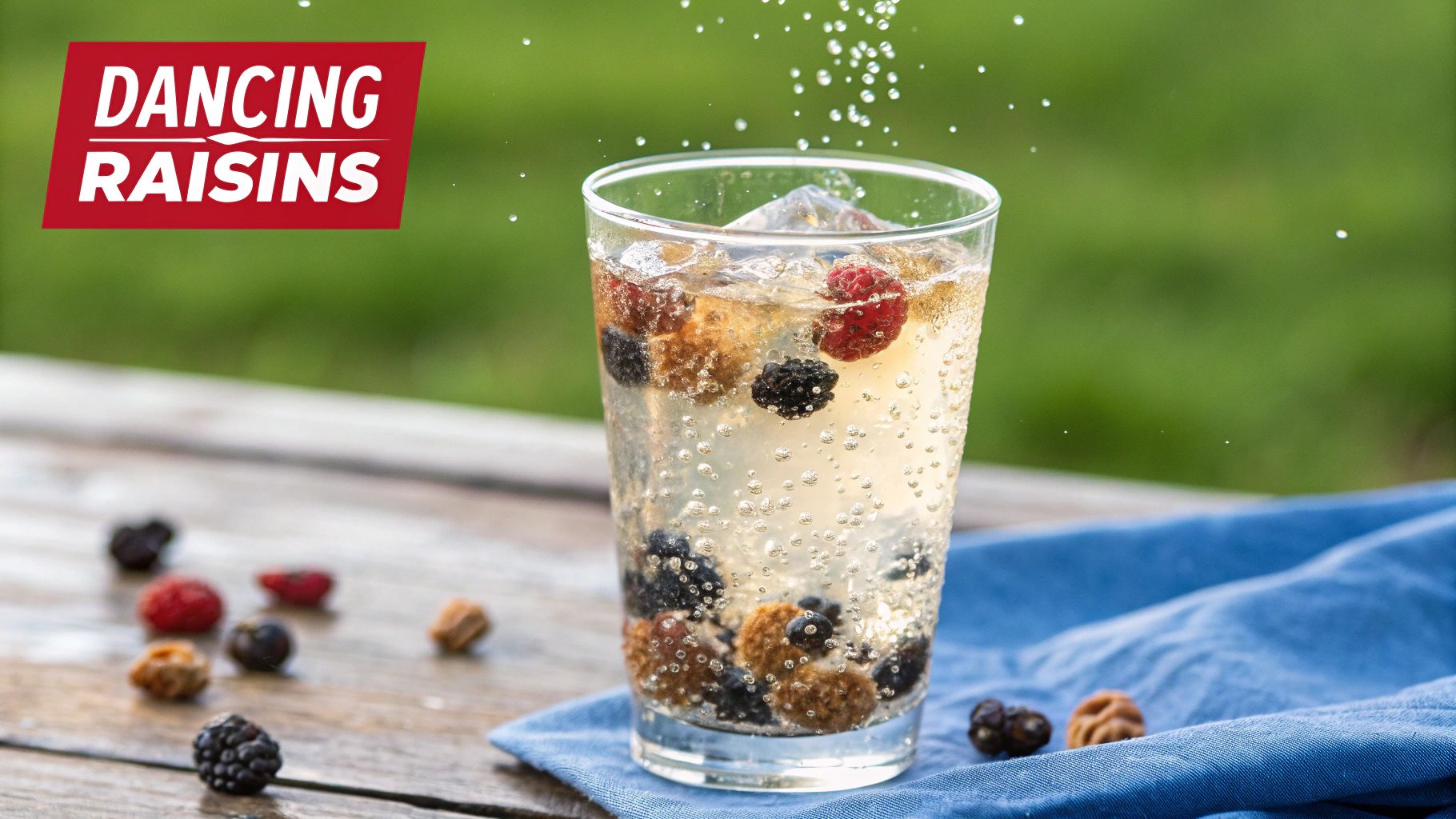 Raisins floating and sinking in a glass of clear soda