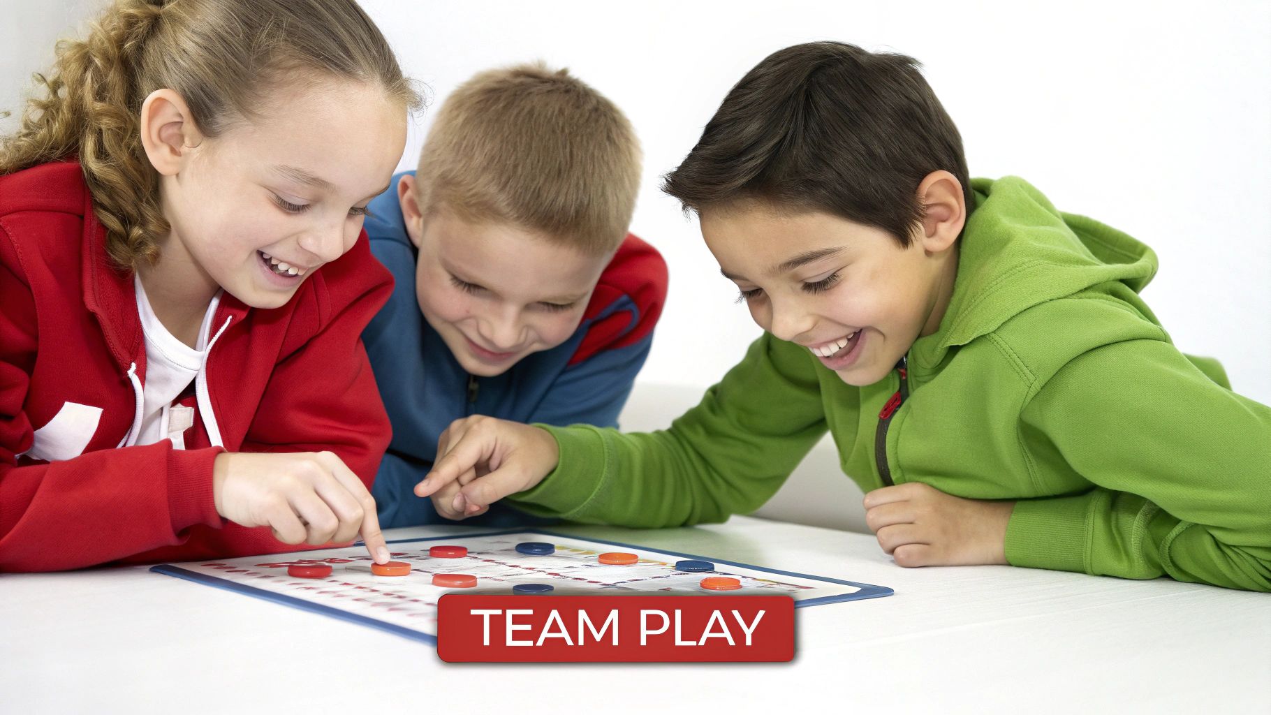 Three smiling children, two boys and a girl, happily playing a board game together with colorful pieces.