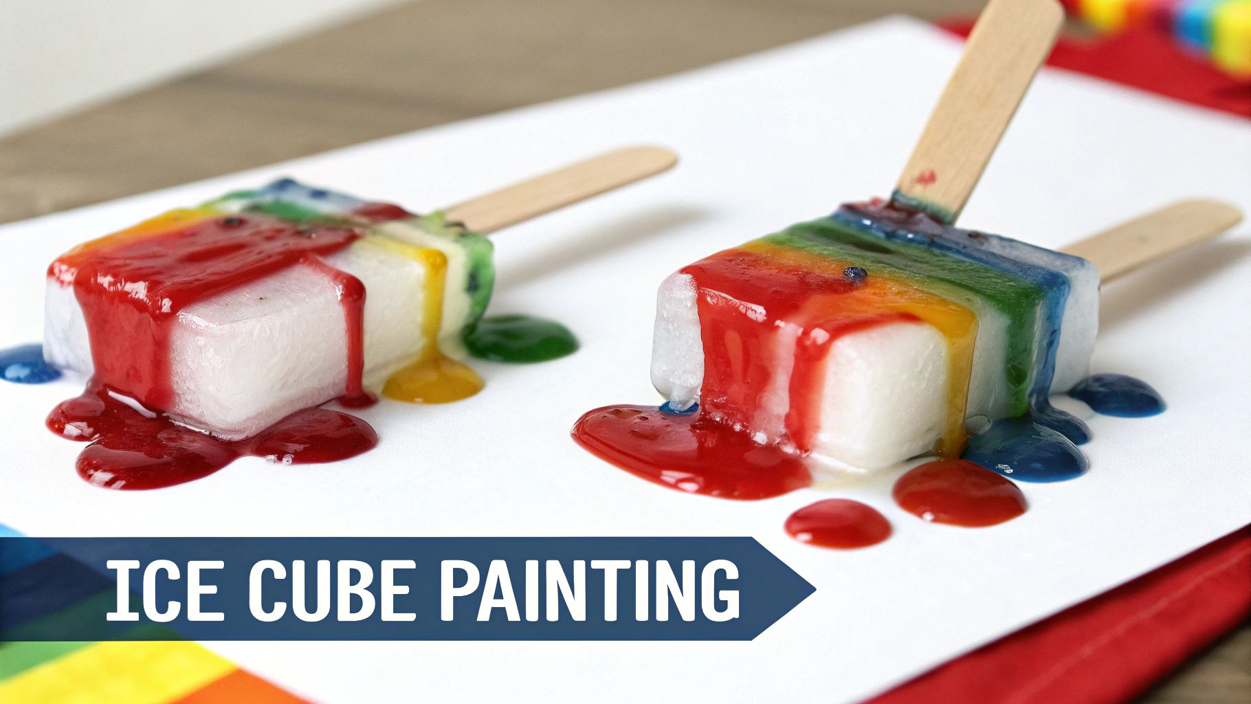 Two ice cubes on sticks melting with vibrant rainbow colors dripping onto white paper, illustrating ice cube painting.