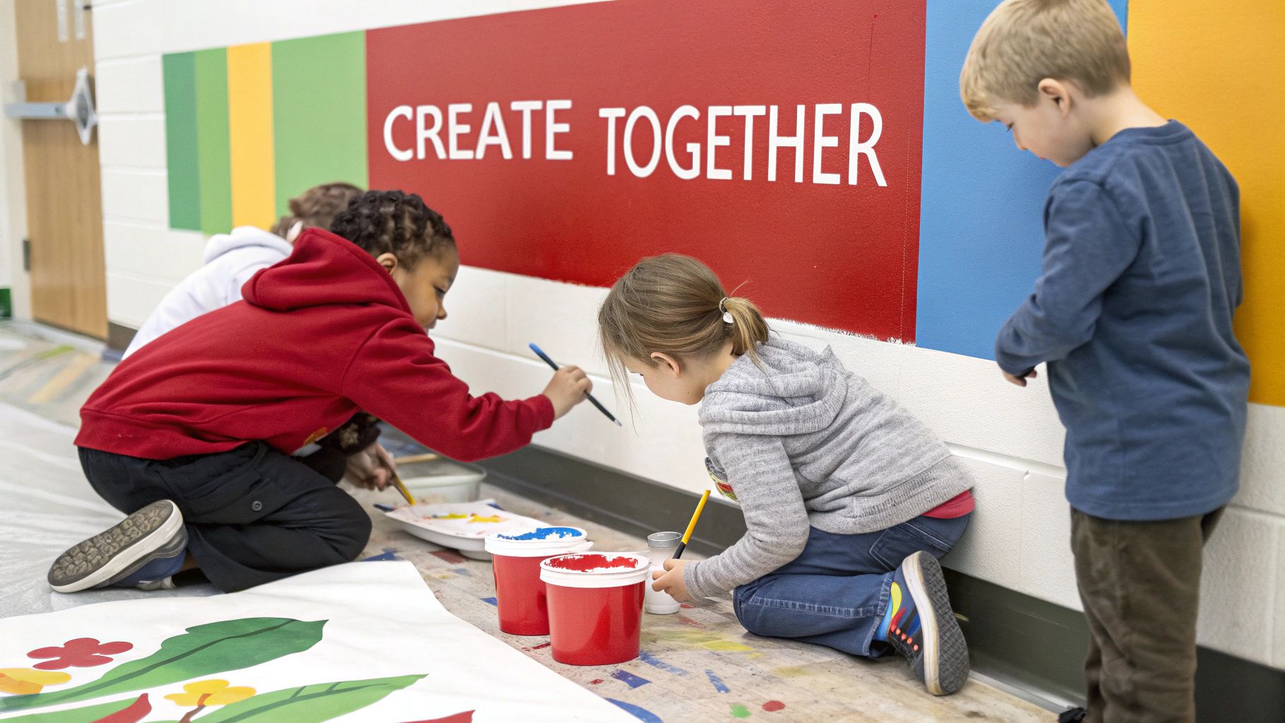 Preschoolers collaborate on a colorful art project, painting on the floor beneath a 'CREATE TOGETHER' wall mural.