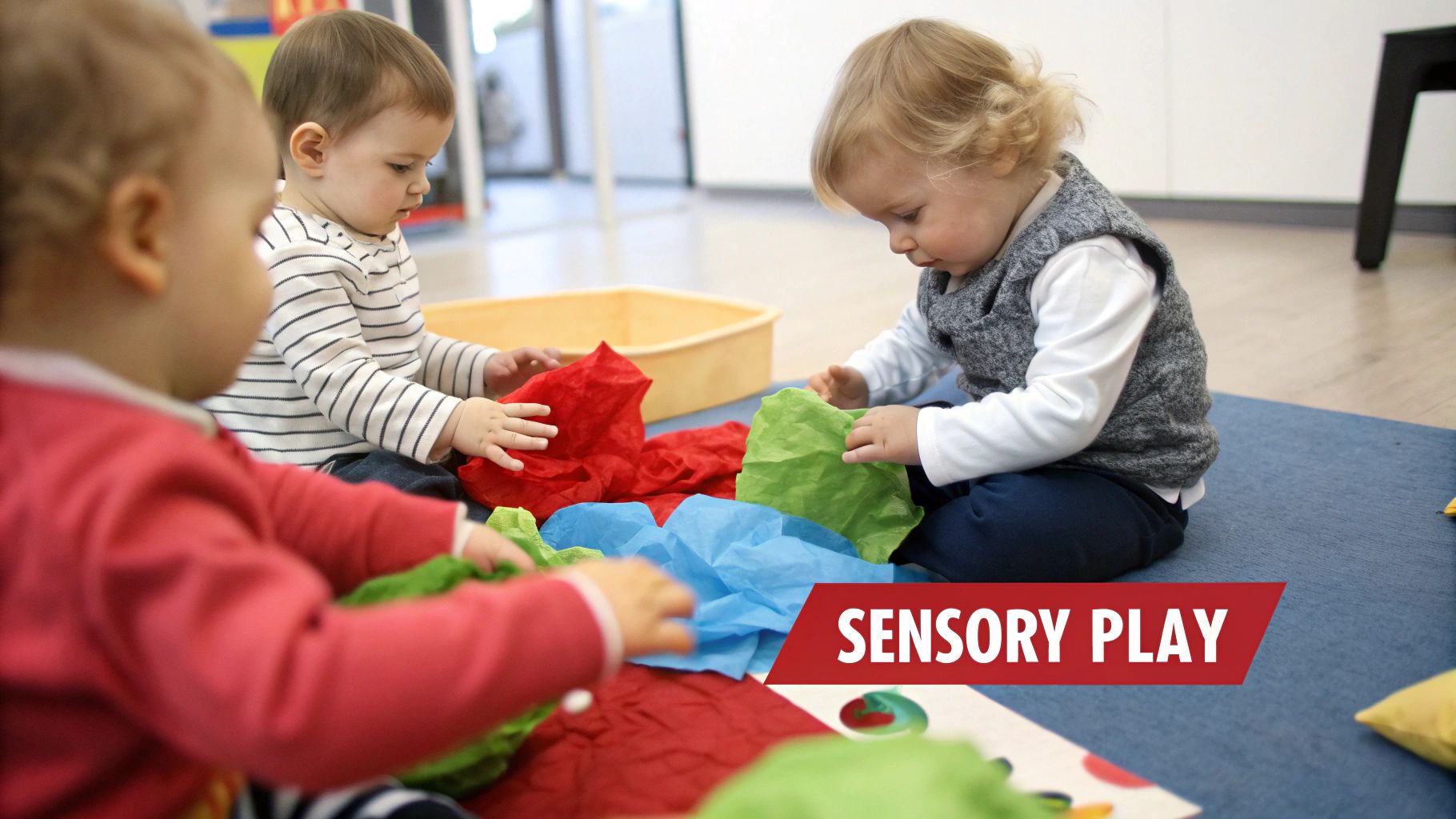 Three toddlers on a blue mat engaging in sensory play, exploring colorful tissue paper.