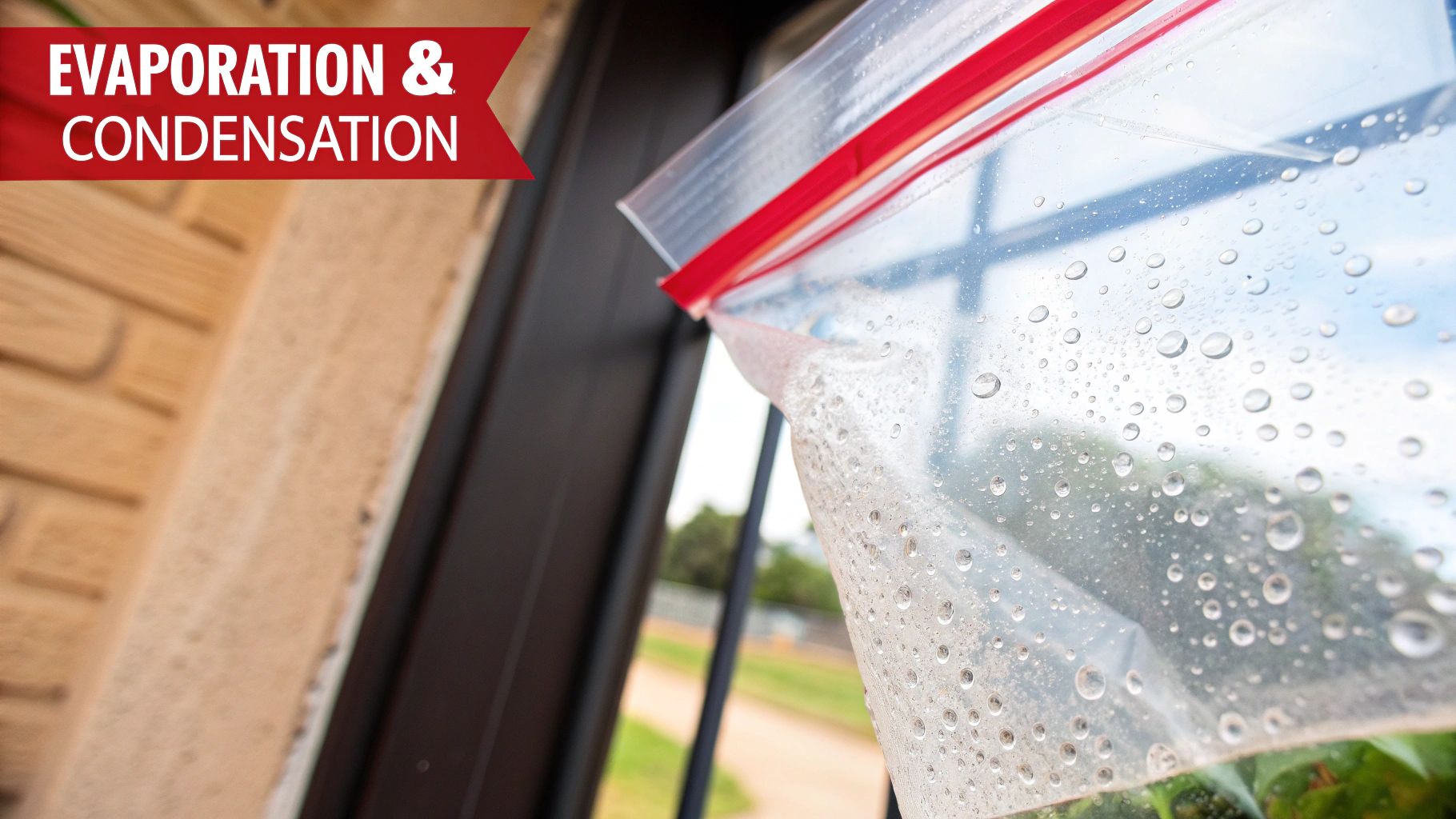 Close-up of a plastic bag on a window showing condensation droplets forming