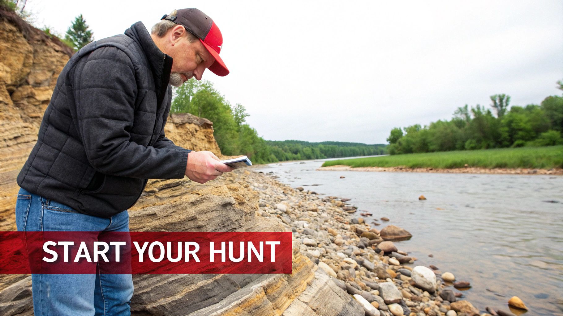 Man examining geological rock formations with notebook along riverbank during fossil hunting expedition