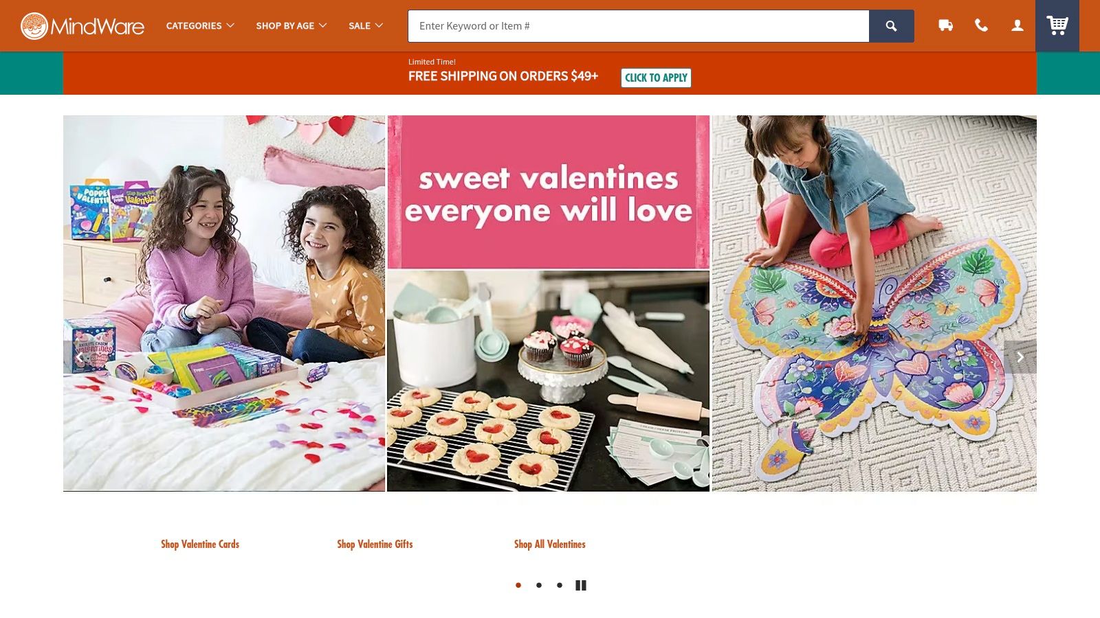 MindWare website showcasing its selection of brainy and educational games for kids, including puzzles and STEM toys.